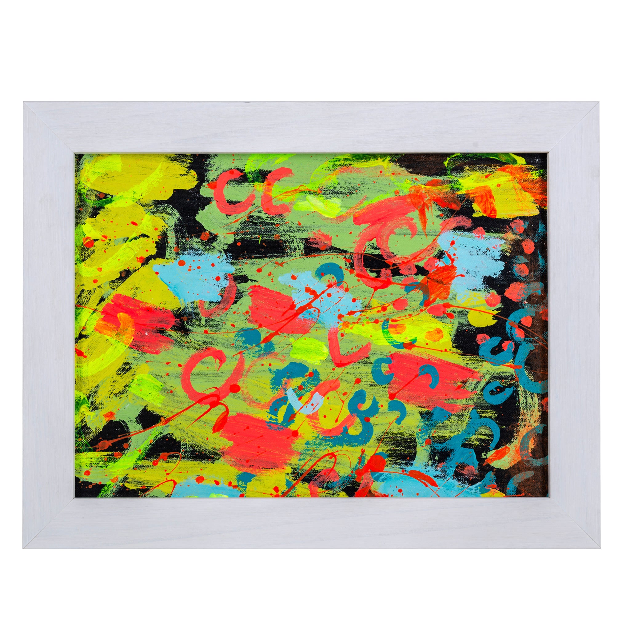 Framed abstract painting in black, orange, yellow and blues called Traffic Lights 1