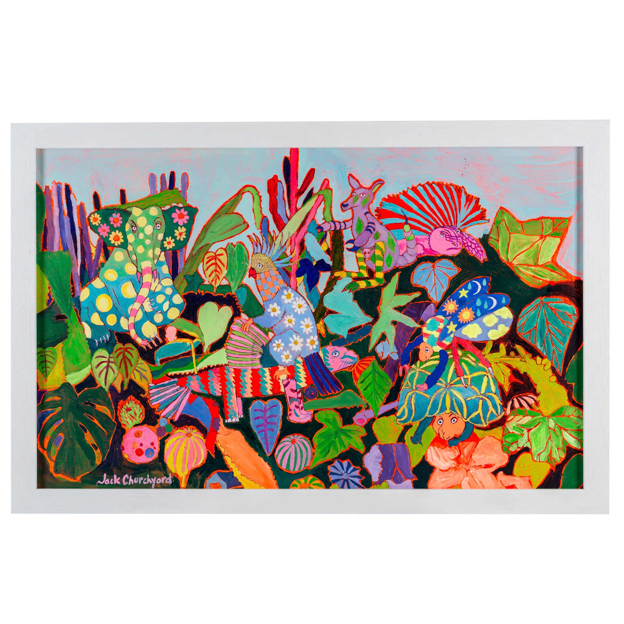 `Framed bright coloured painting featuring strange creatures and leaves 