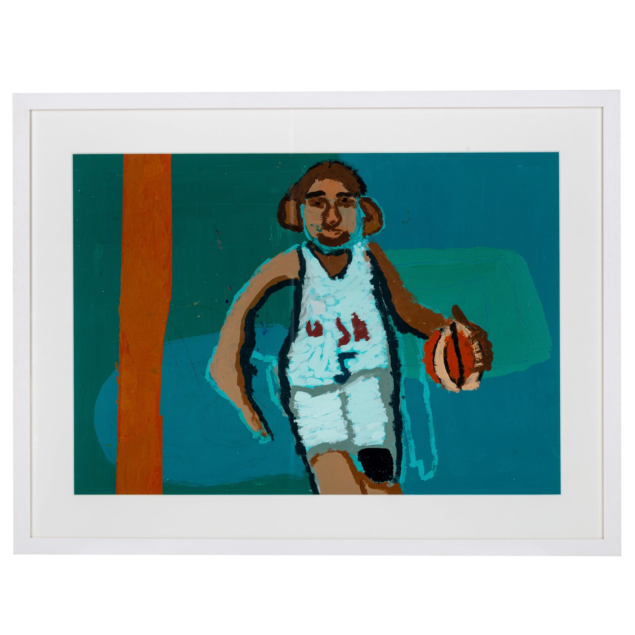 Framed painting of a rugby player in greens and browns called Victory