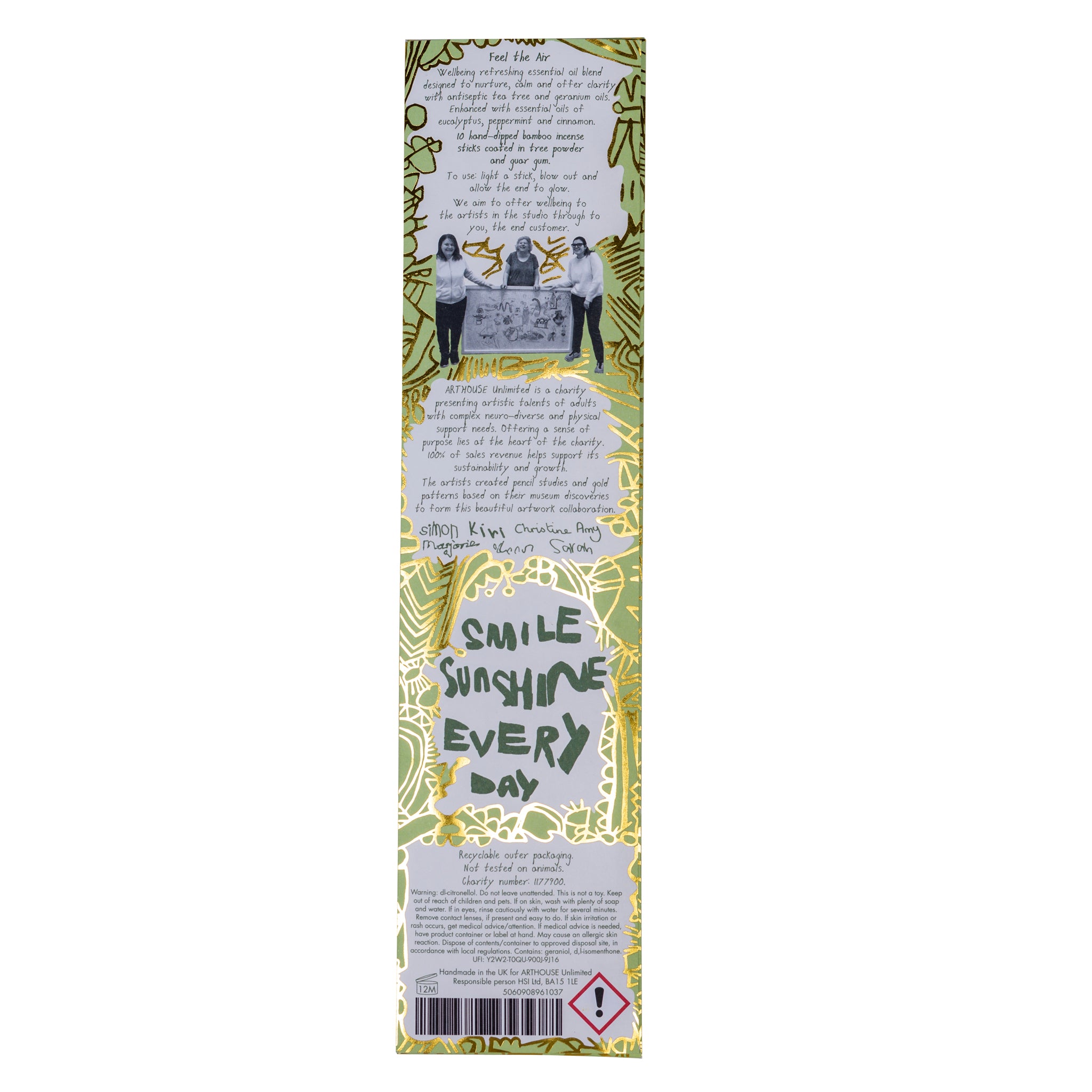 Back of the packet of Feel The Air, Well Being Incense Sticks, Refreshing Blend