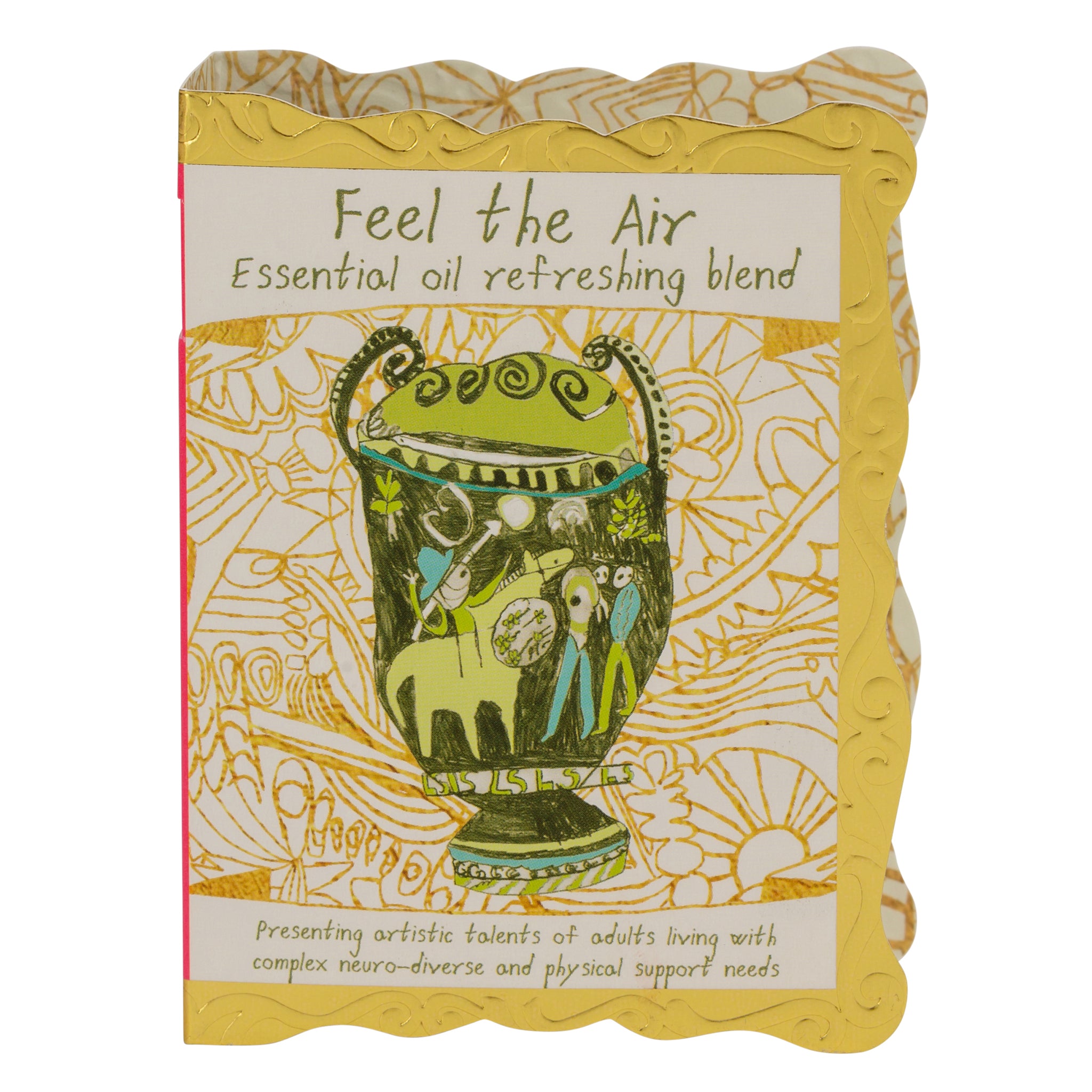 Green and gold packet of Feel The Air, Well Being Essential Oil, Refreshing Blend