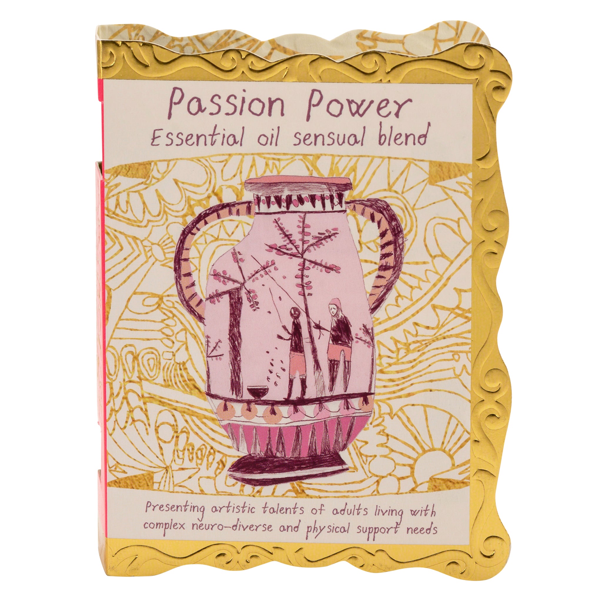 Gold and pink packet containing Passion Power, Well Being Essential Oil, Sensual Blend