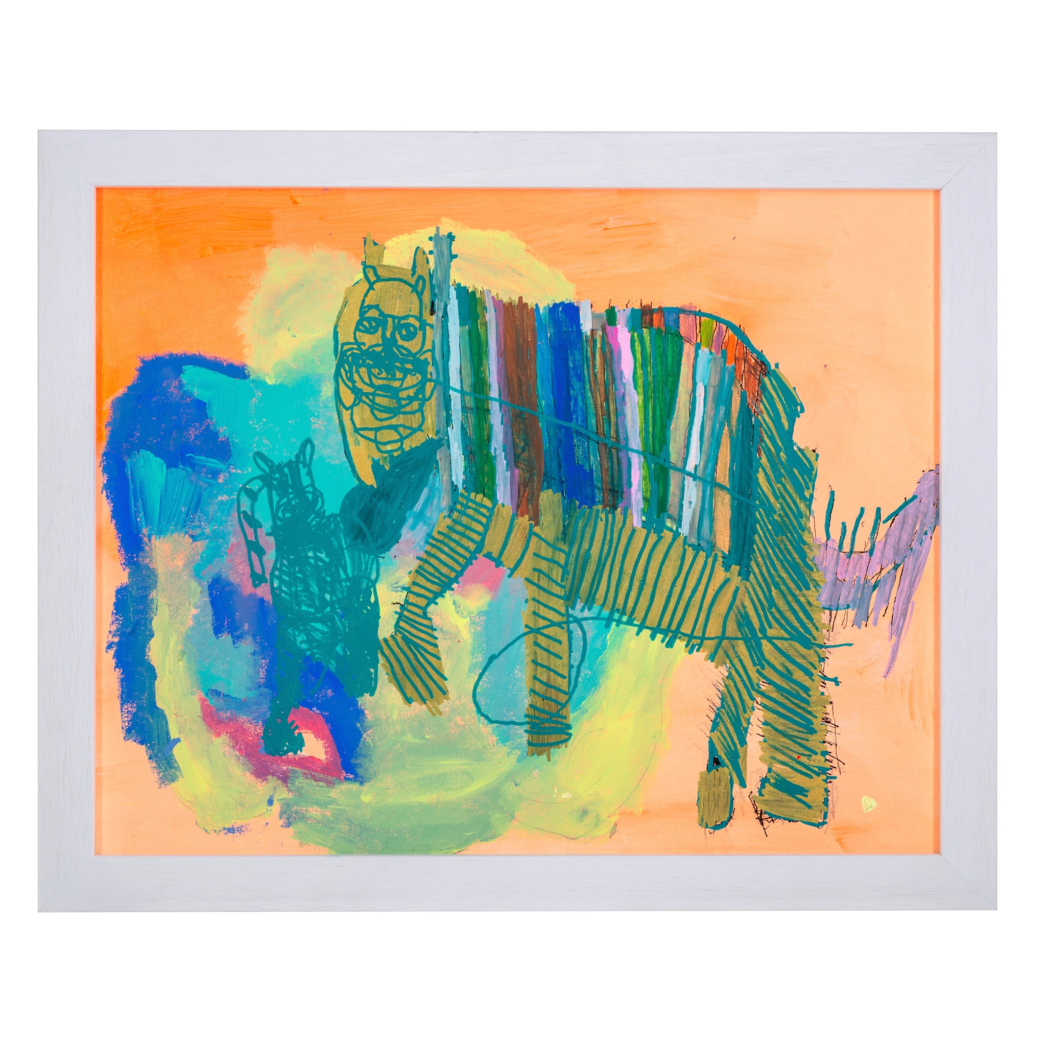 Framed painting of a striped creature in blues and oranges called Wild Sunrise