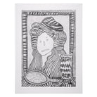 Hand drawn picture in pencil of a woman with a hat on in front of a mirror