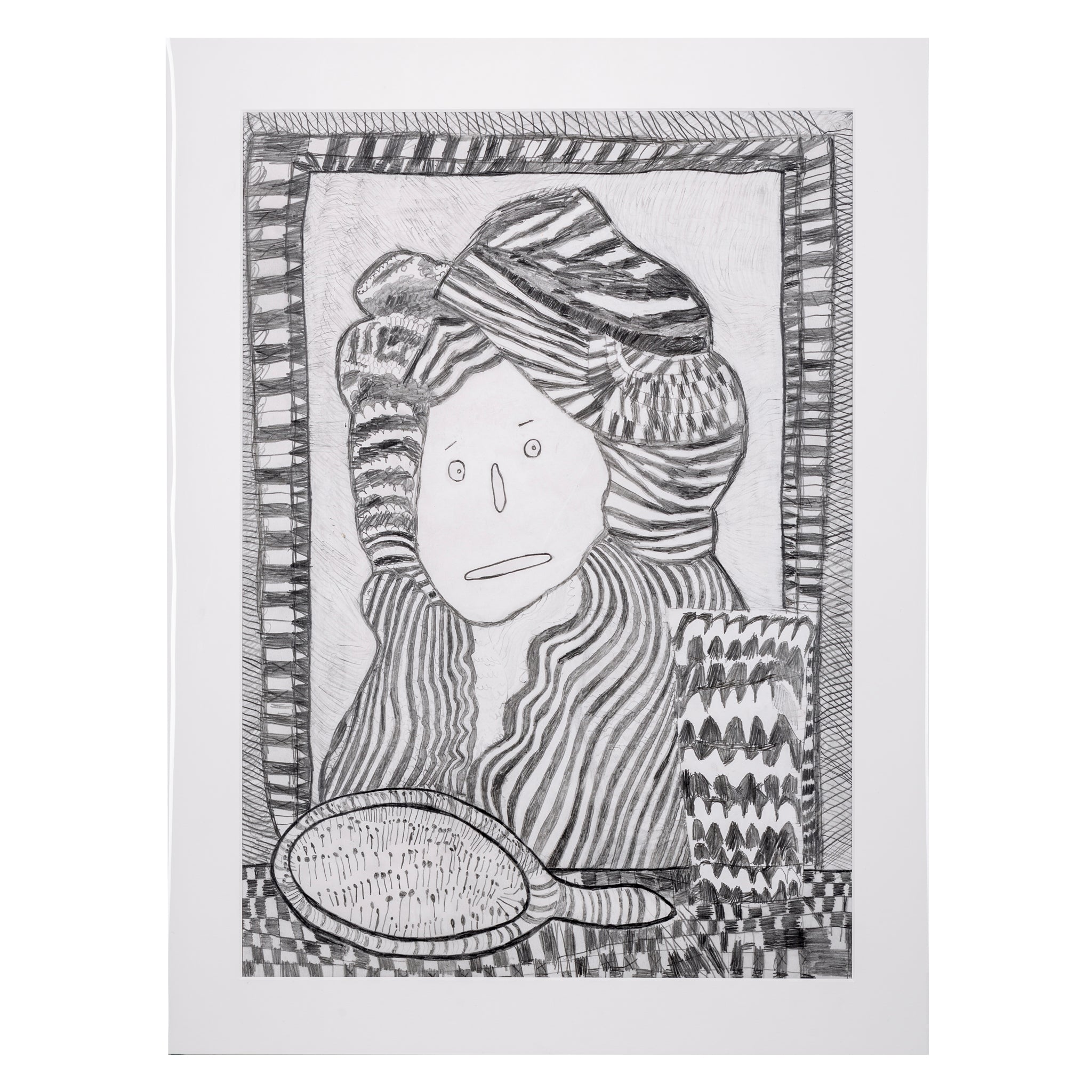Hand drawn picture in pencil of a woman with a hat on in front of a mirror 