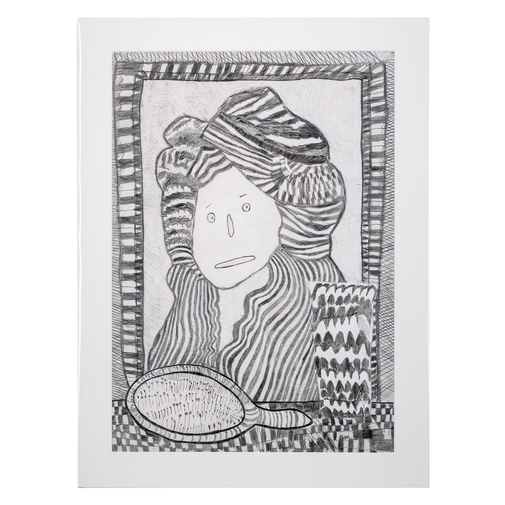 Hand drawn picture in pencil of a woman with a hat on in front of a mirror
