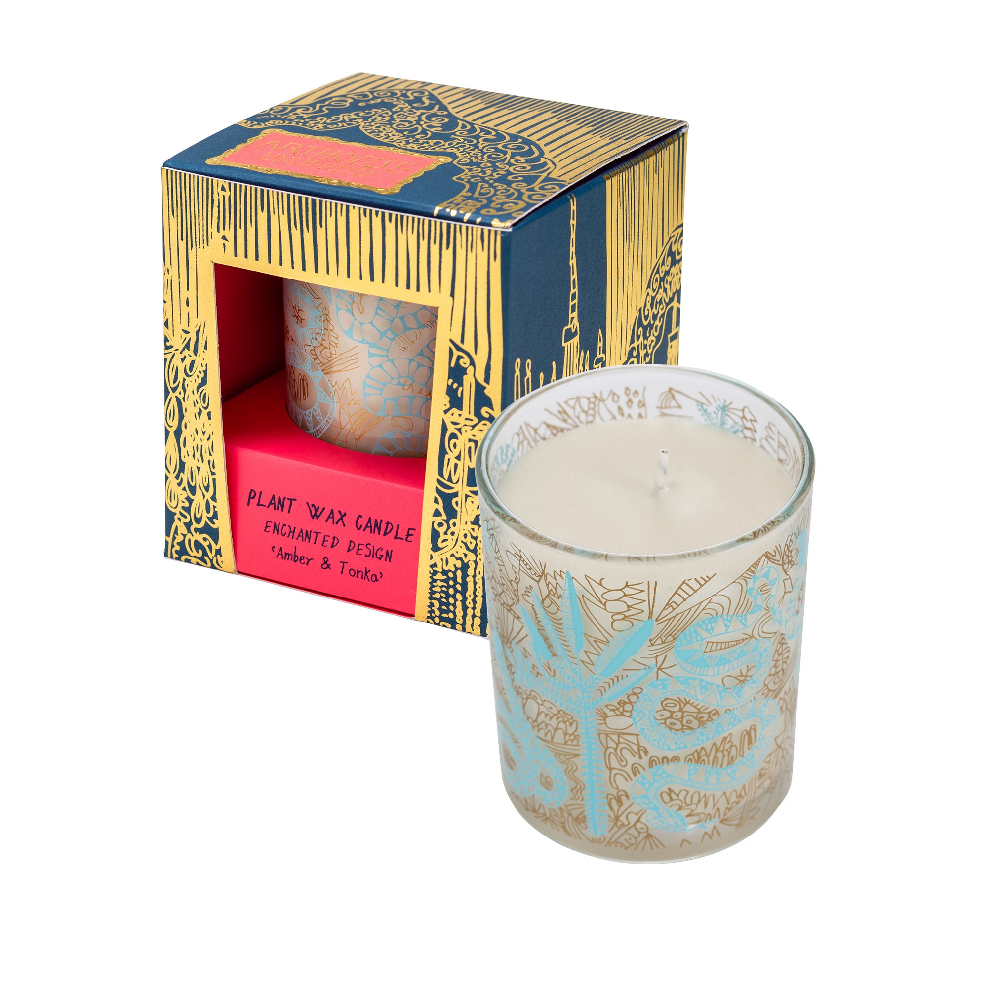 Enchanted, Amber & Tonka Bean Scented Plant Wax Candle, candle next to box