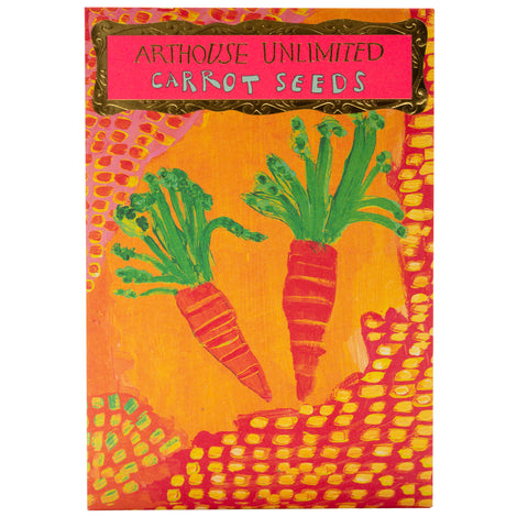 Front of packet of brightly coloured carrot seeds.