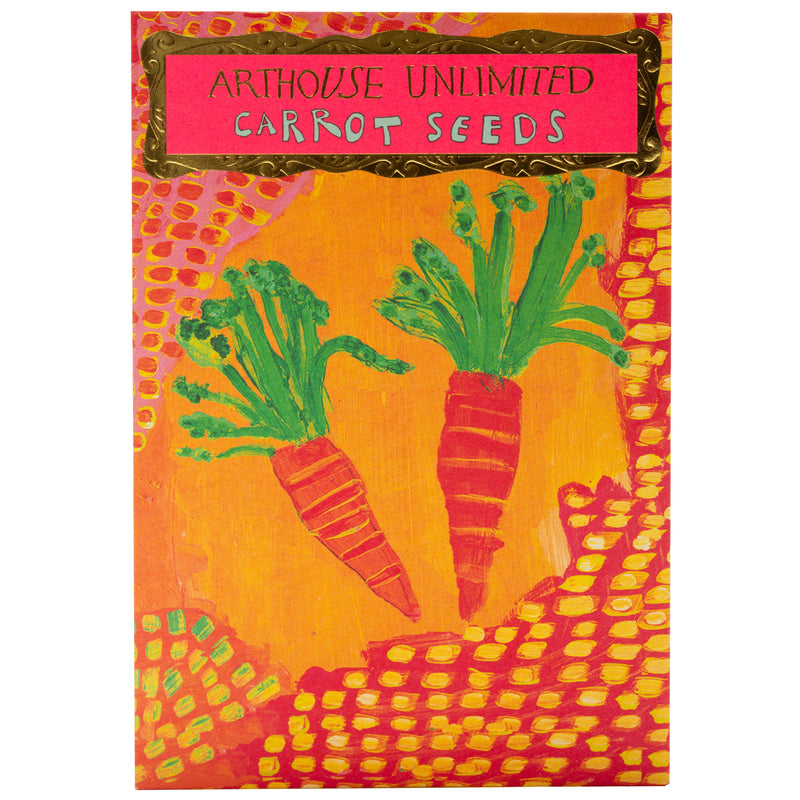 Front of packet of brightly coloured carrot seeds.