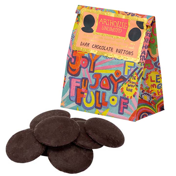 Bright and colourful packet of Full of Joy, Dark Chocolate Buttons