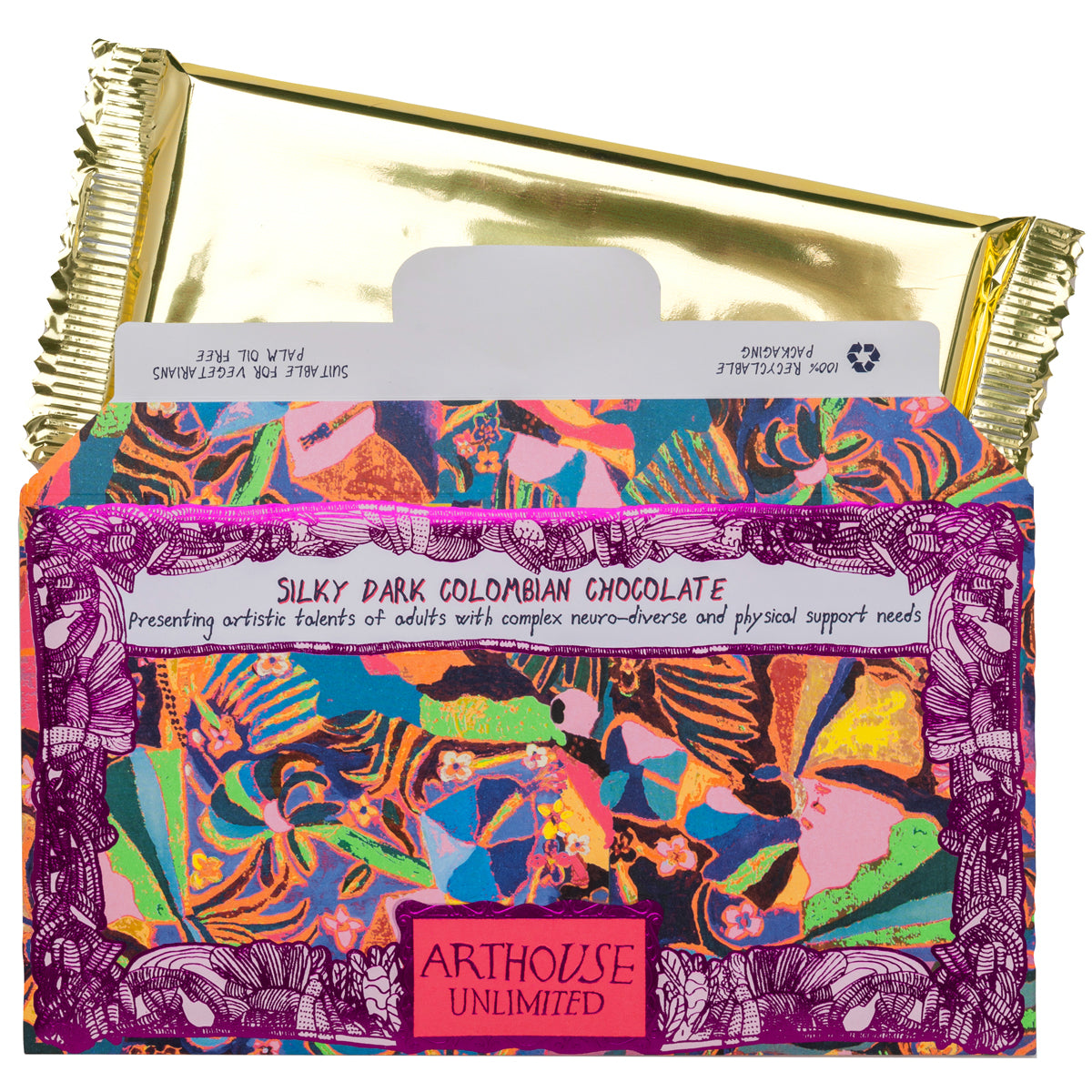 Bar of Psychedelia, Silky Dark Columbian Chocolate Bar, open with golden foil