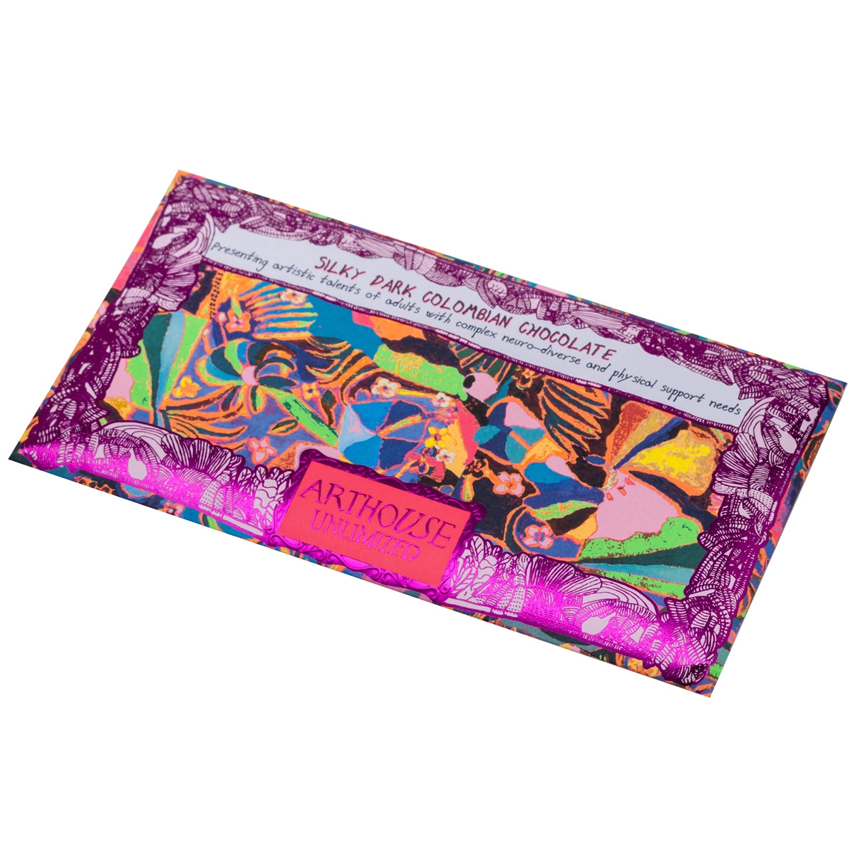 Front of Psychodelia, Silky Dark Colombian Chocolate Bar, bright with purple frame