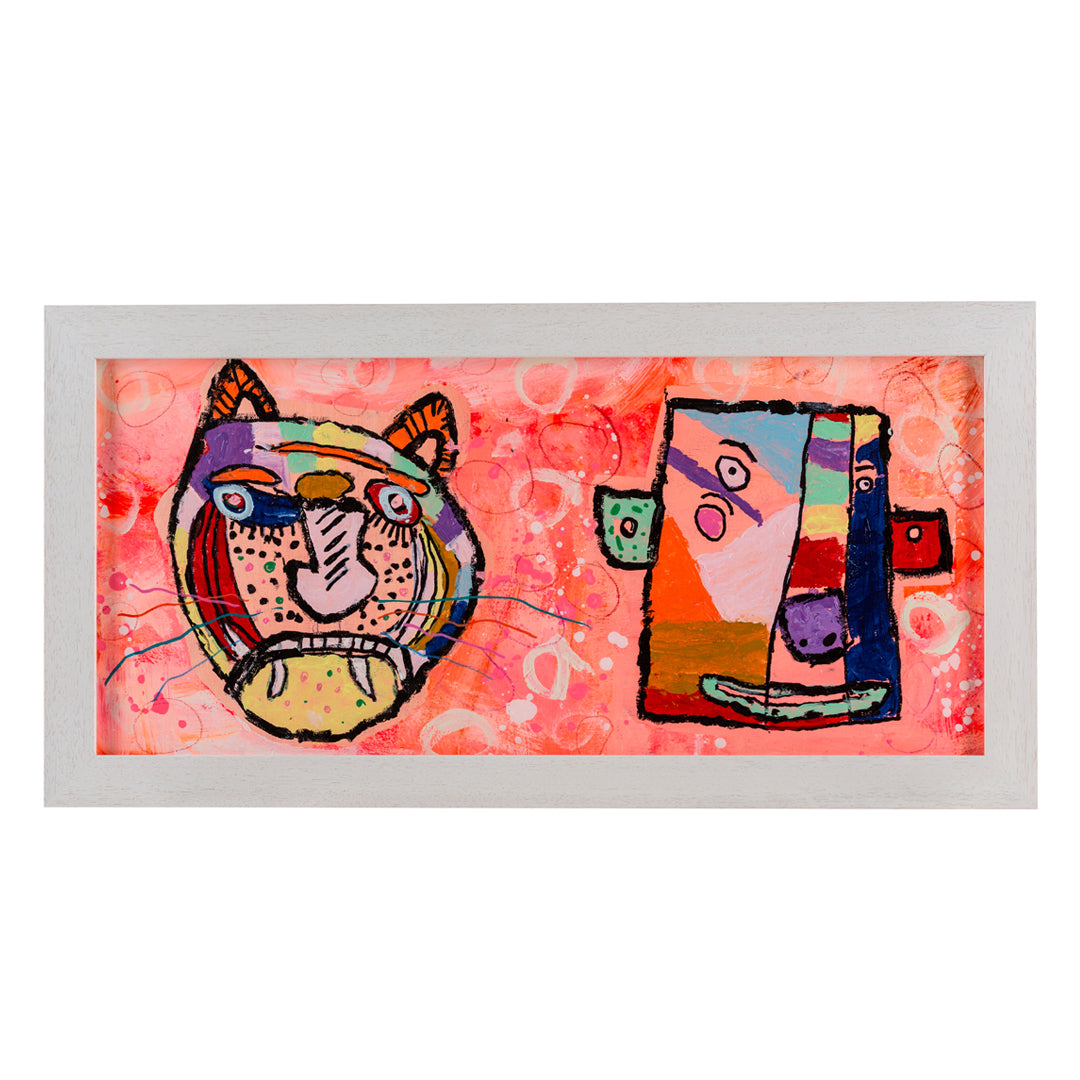 Framed painting of a colourful abstract tiger and a man 