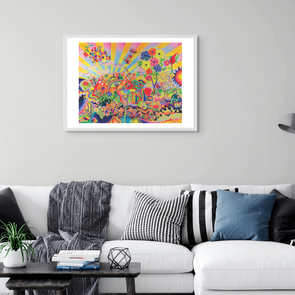 Colorful abstract painting on a gray wall above a white sofa with decorative pillows.