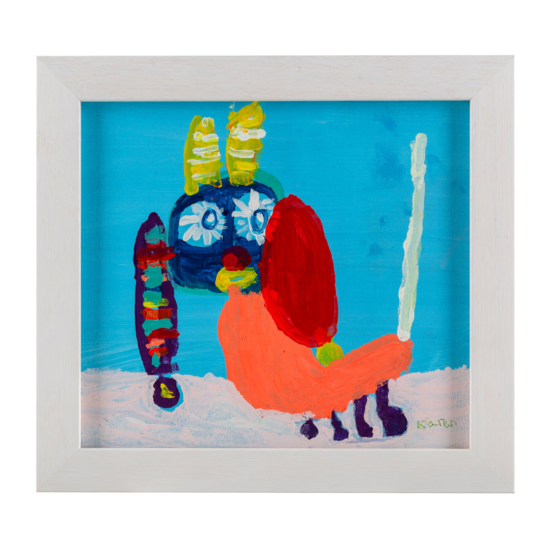 Framed painting of a colourful dog in blues and oranges with a happy face