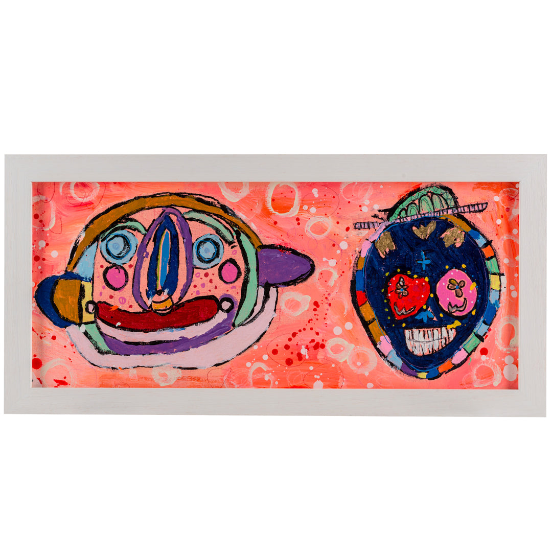 Framed colourful abstract painting of two characters in bright colours