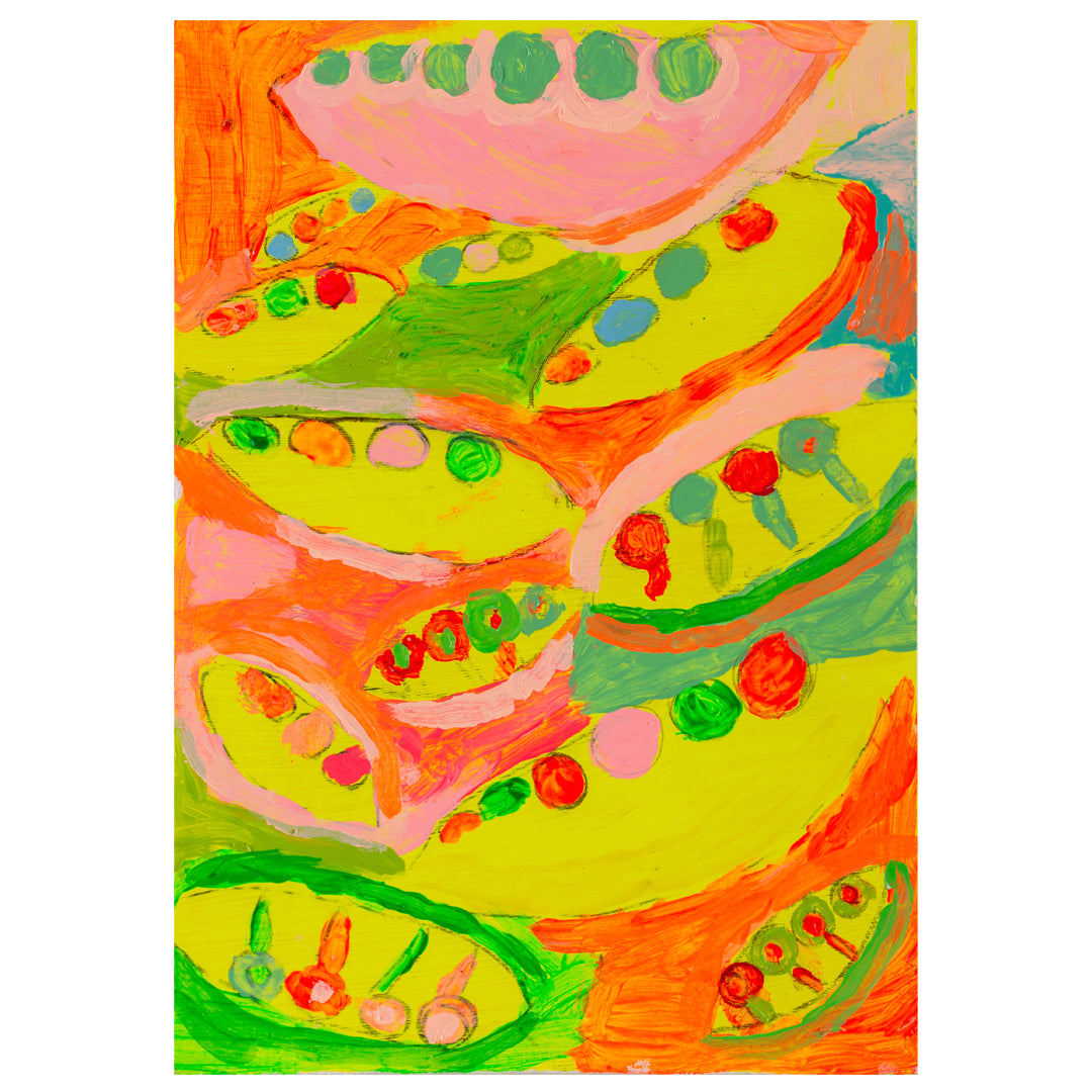 Unframed painting of peas in yellows, greens, and orange