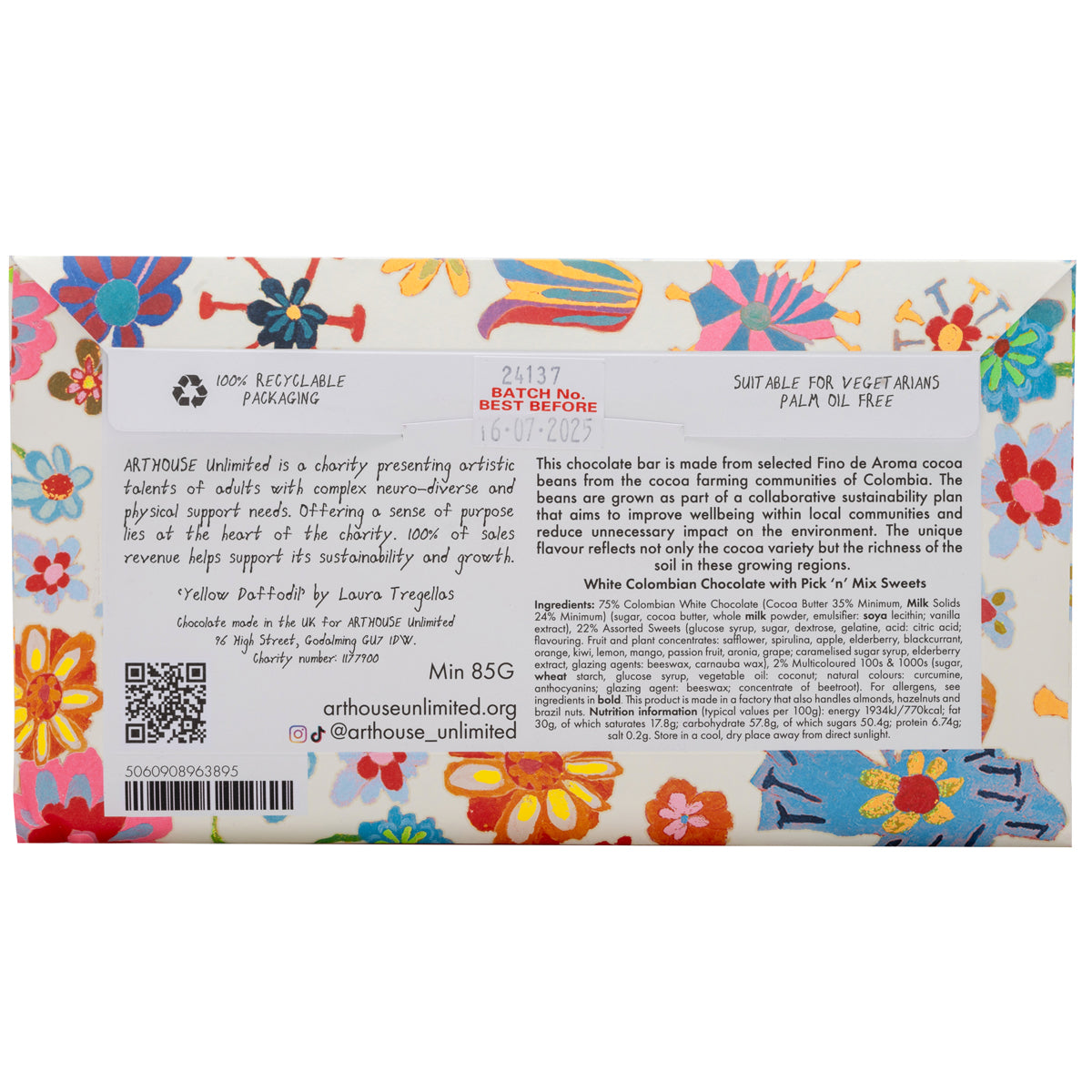 Back of Yellow Daffodil, White Chocolate Bar with Pick 'n' Mix Sweets