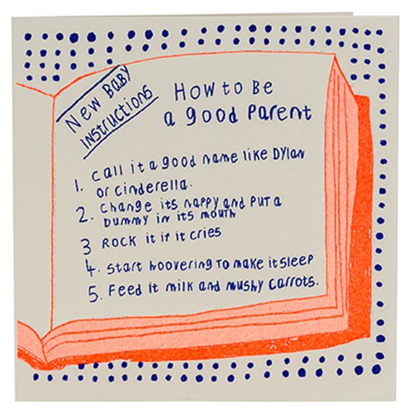 A blue and orange card with a hand drawn book with a list of how to be a good parent 