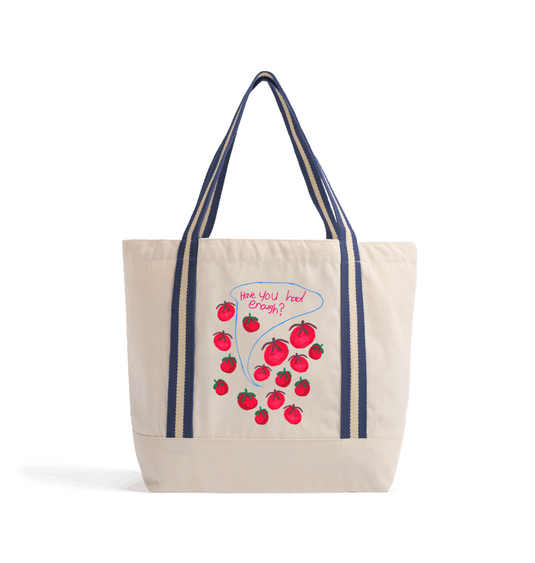 Natural/French Navy Heat Transfer Bag Front