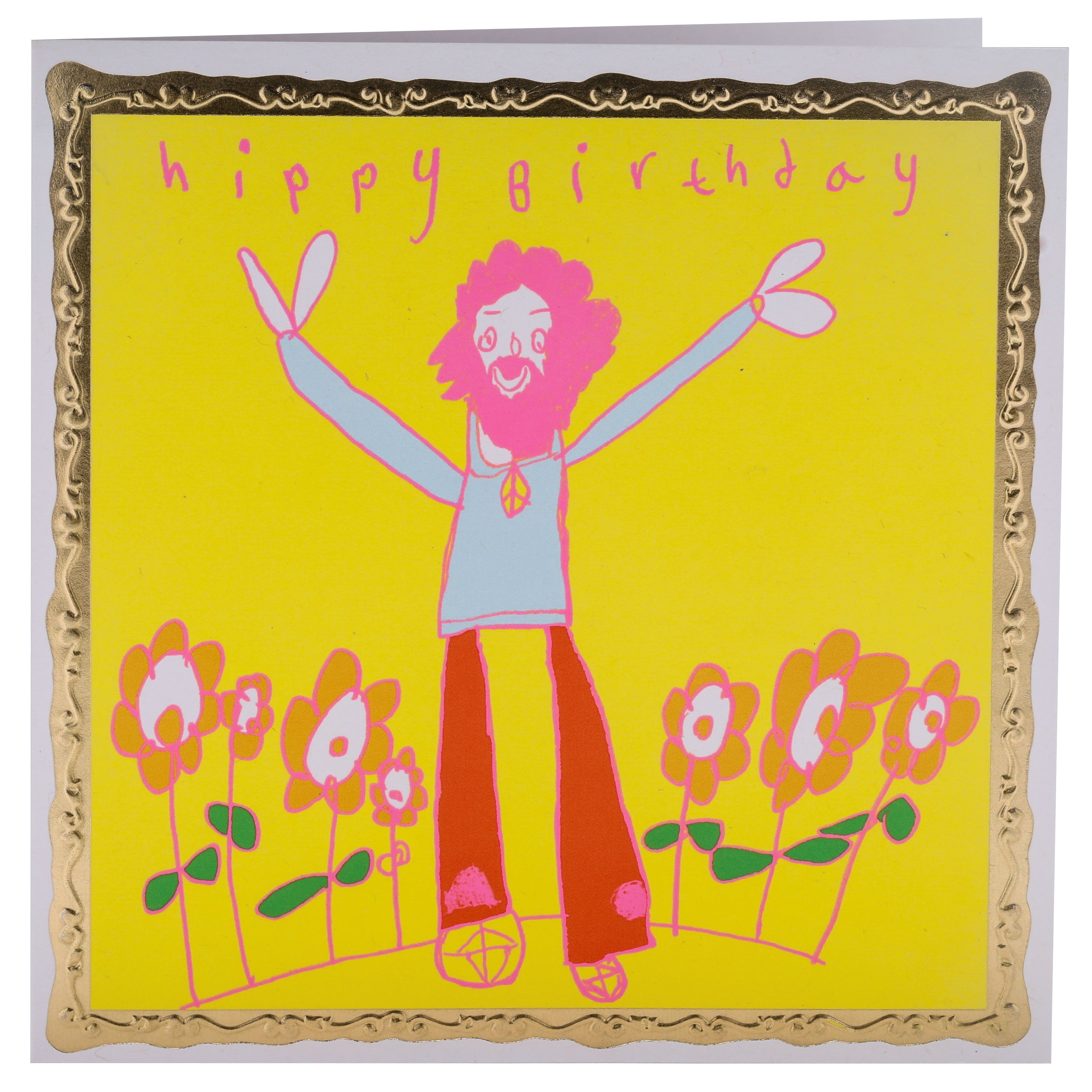 Happy Birthday card with a colorful illustration of a person with pink hair and flowers on a yellow background.