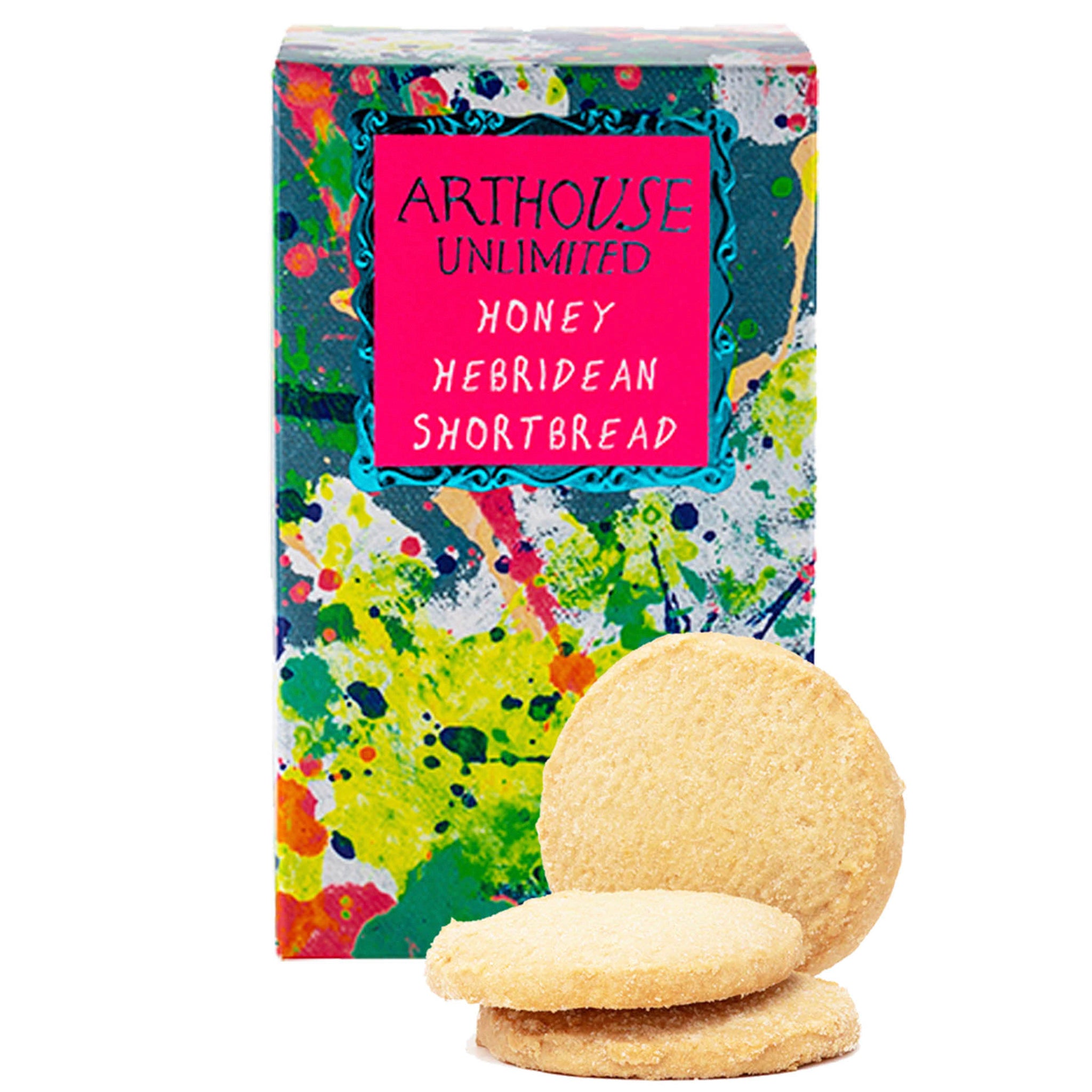 bright coloured box of Spring, Honey Hebridean Shortbread with biscuits next to it