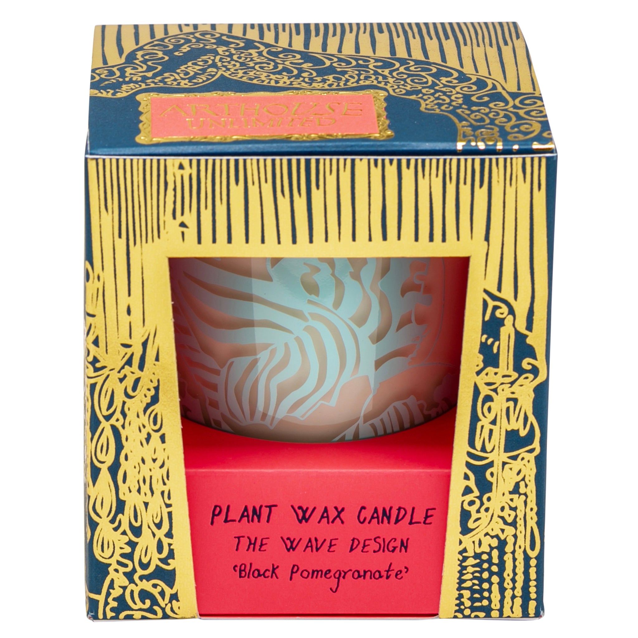 The Wave, Black Pomegranate Splash Scented Plant Wax Candle in blue pink and gold box