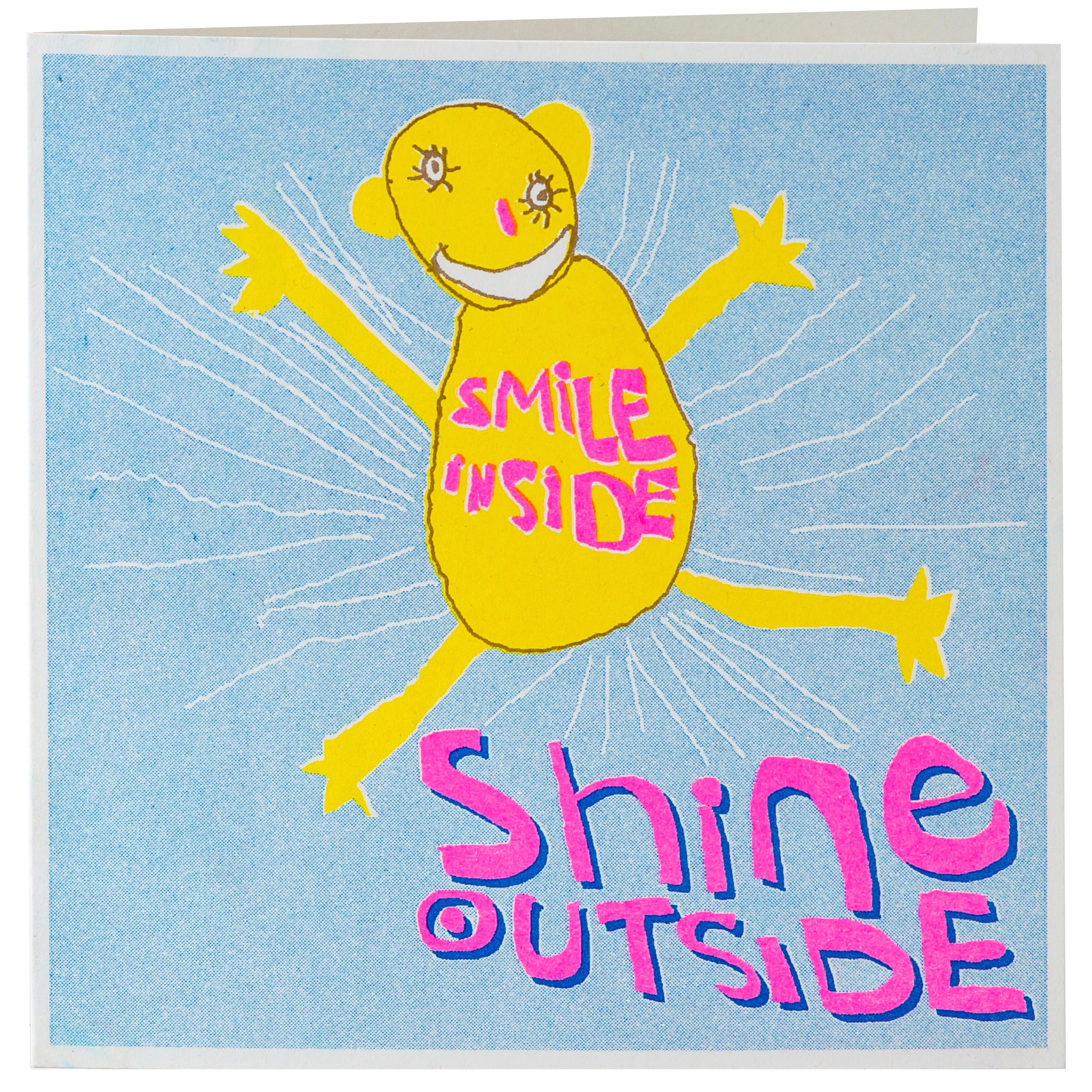 A blue pink and yellow hand drawn character with the words smile inside shine outside