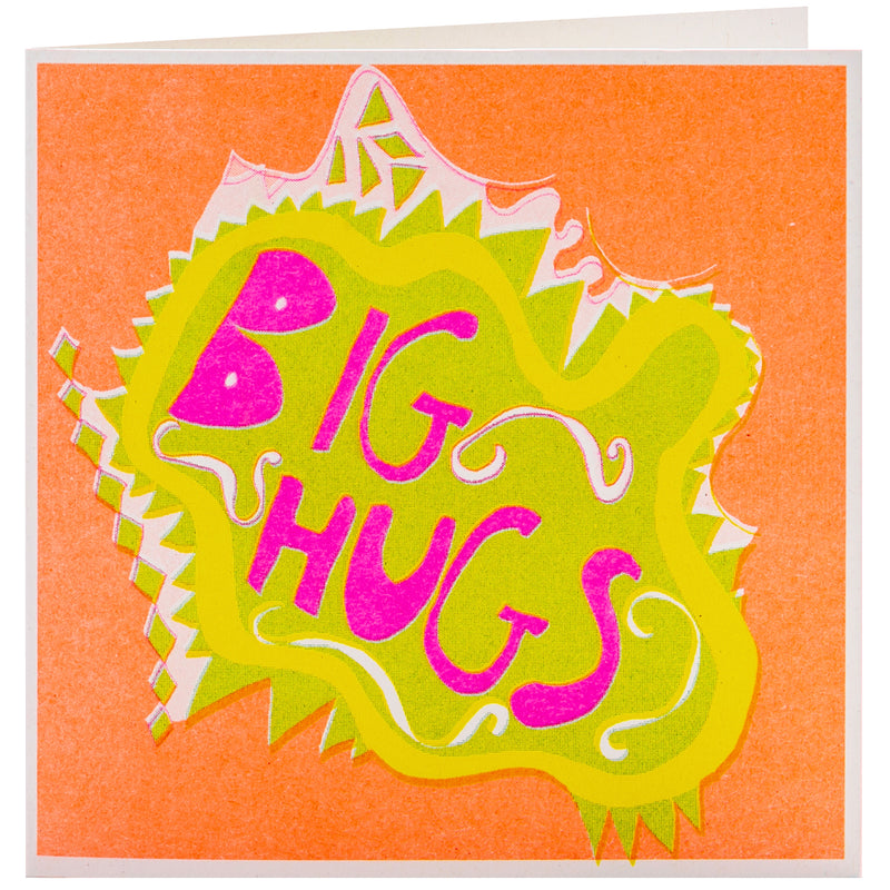 An orange, green and pink hand drawn card with the words big hugs