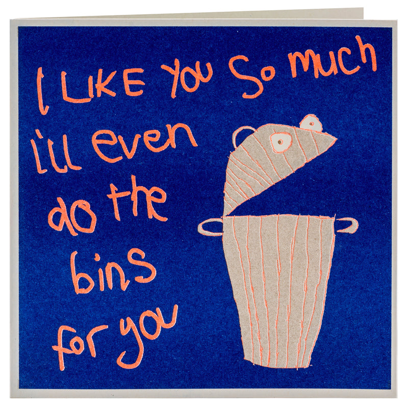 A blue and orange drawing of a bin and the words I like you so much I'll even do the bin for you