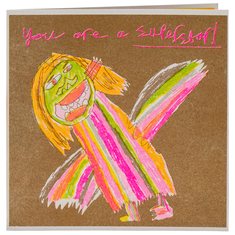 A gold, pink and orange hand drawn character with the words you are a superstar 