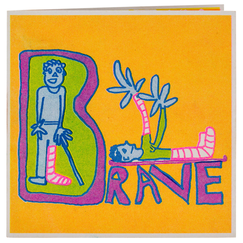 An orange, blue and purple card with two hand drawn characters with the word brave