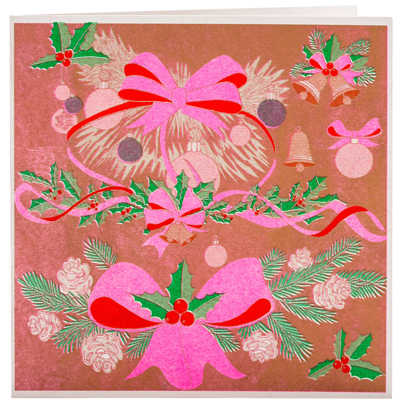 A pink, green and copper coloured hand drawn card with bows and christmas bells