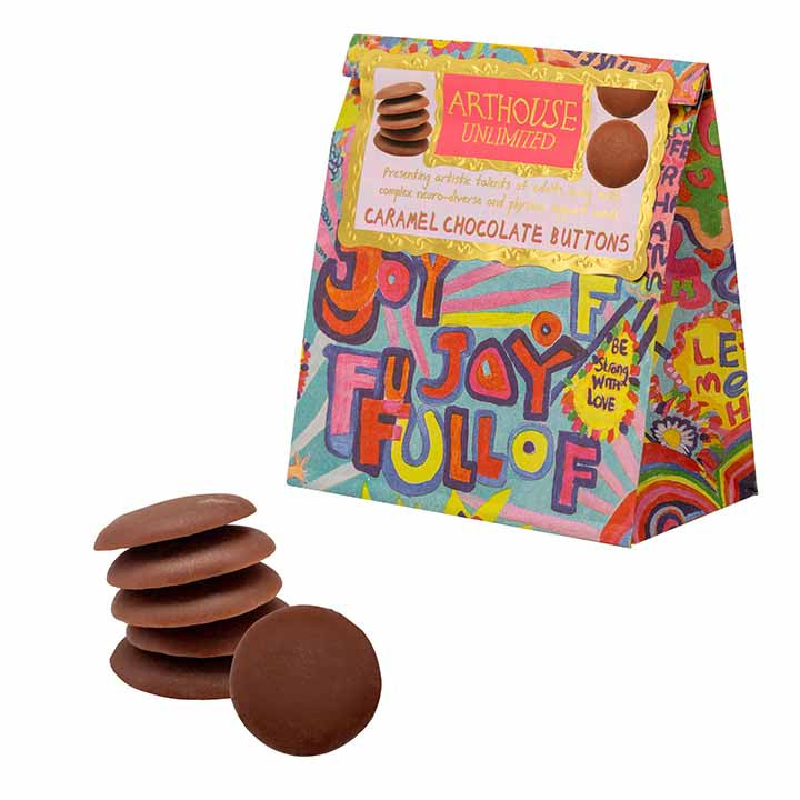 Bright and colourful packet of Full of Joy, Caramel Chocolate Buttons