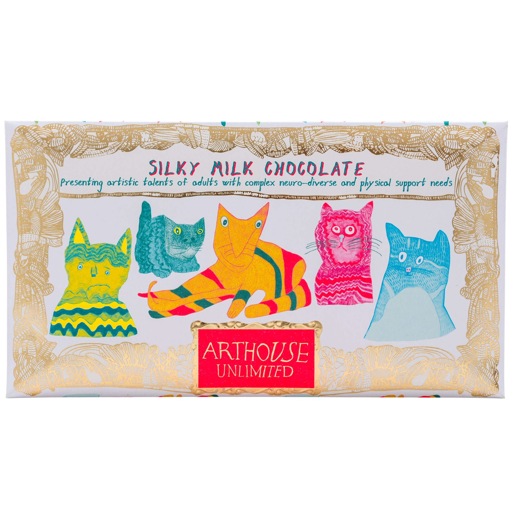 Pink, blue and yellow Miaow for Now, Silky Milk Chocolate Bar