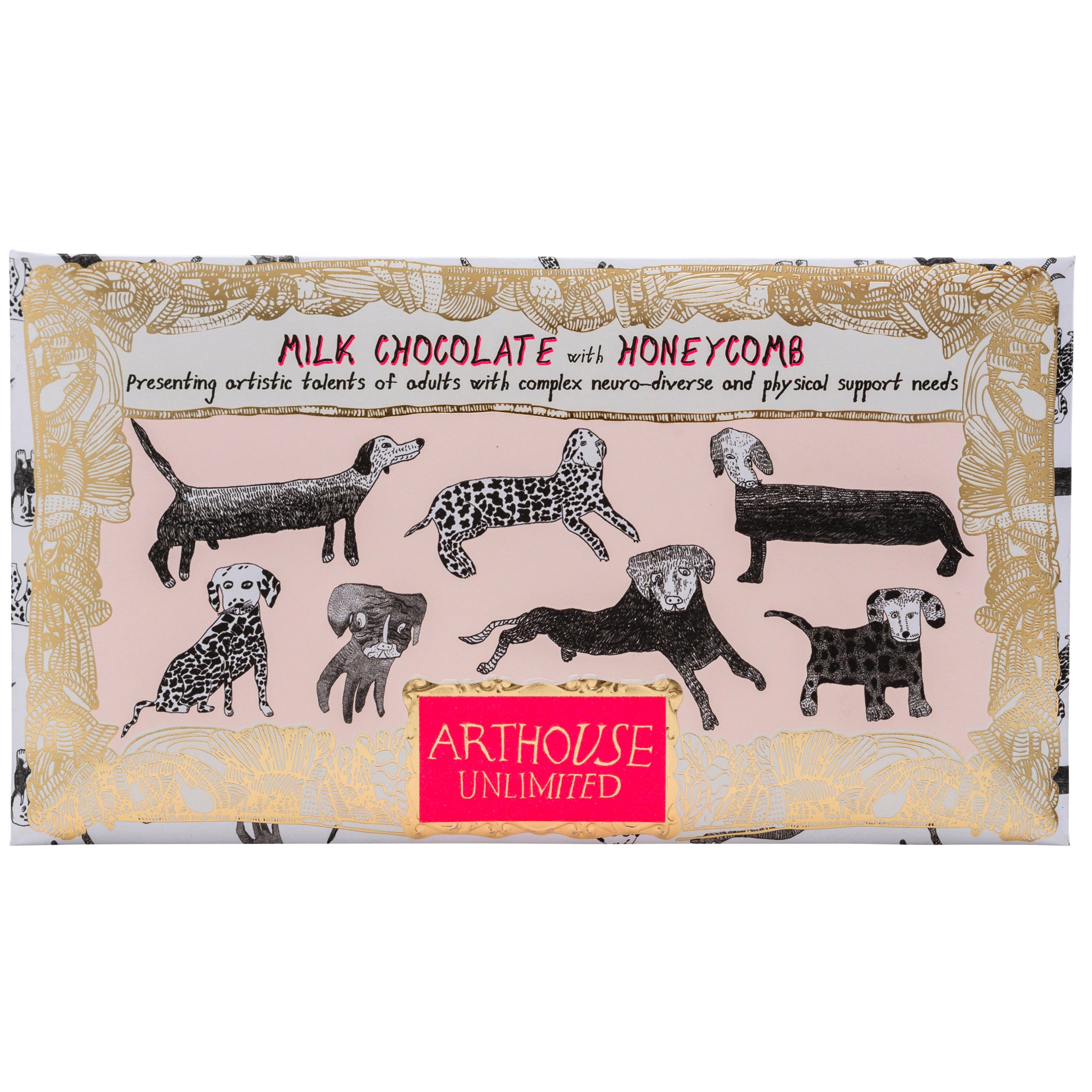 Black, pink and gold packet of Dogalicious, Milk Chocolate Bar with Honeycomb