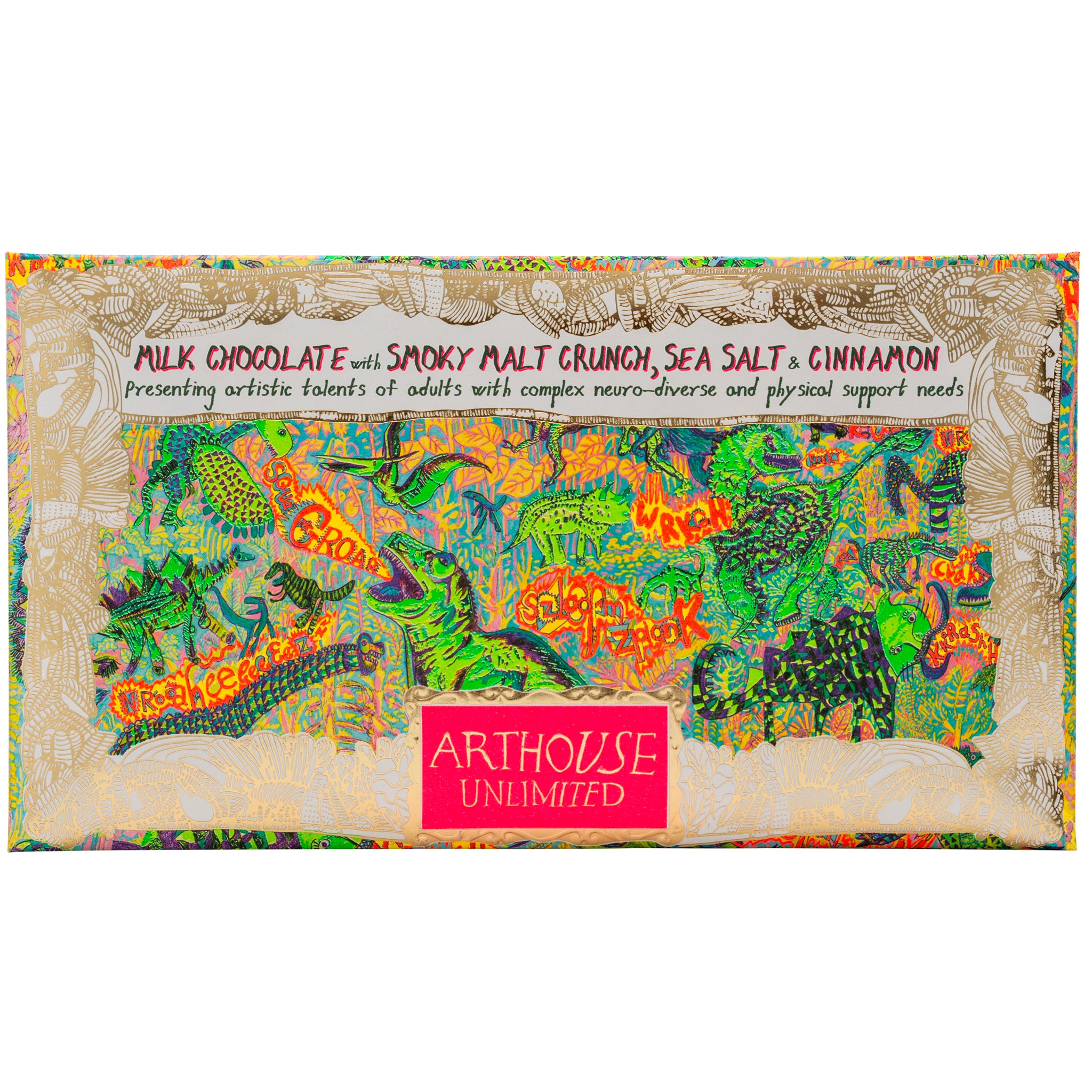 Green, red and gold packet of Dinosaurs, Milk Chocolate Bar with Smoky Malt Crunch, Sea Salt & Cinnamon