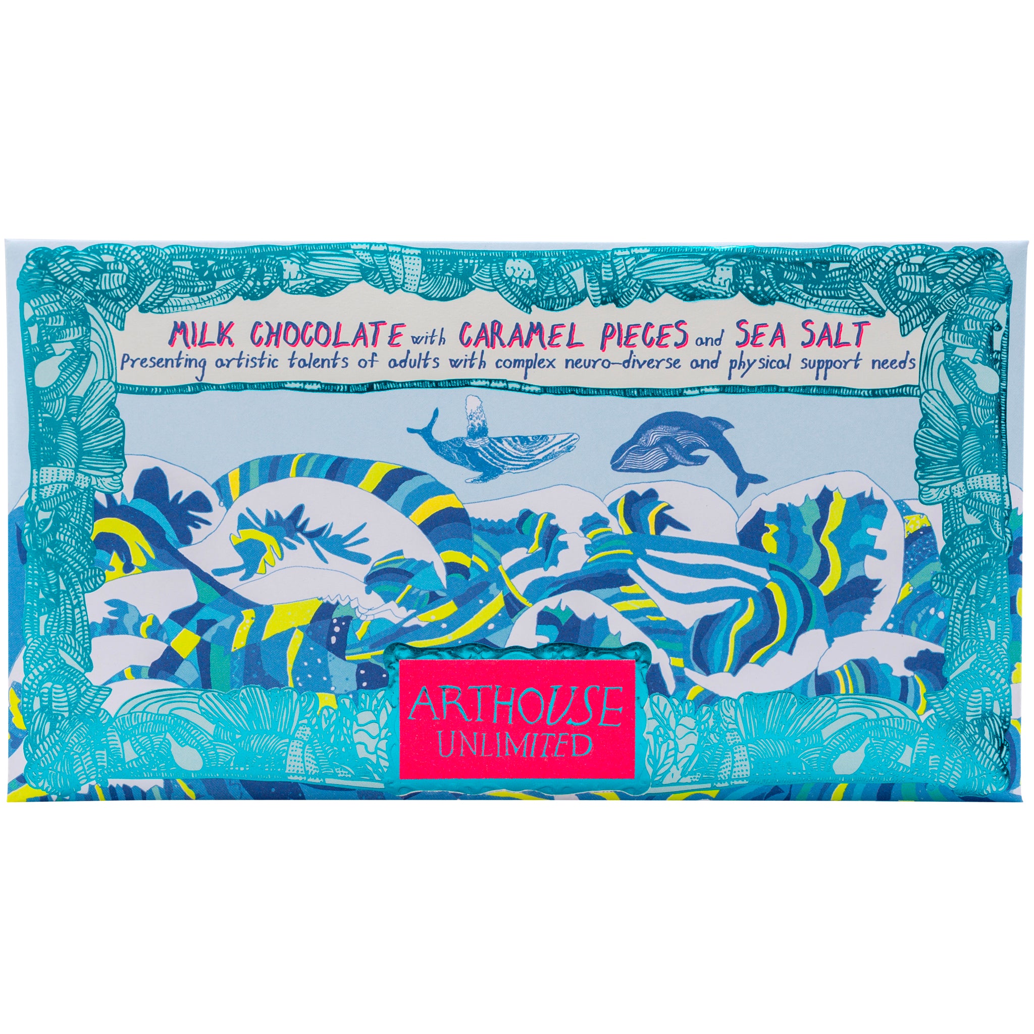 Blue foiled packet of Swim with Whales, Milk Chocolate Bar with Caramel & Sea Salt