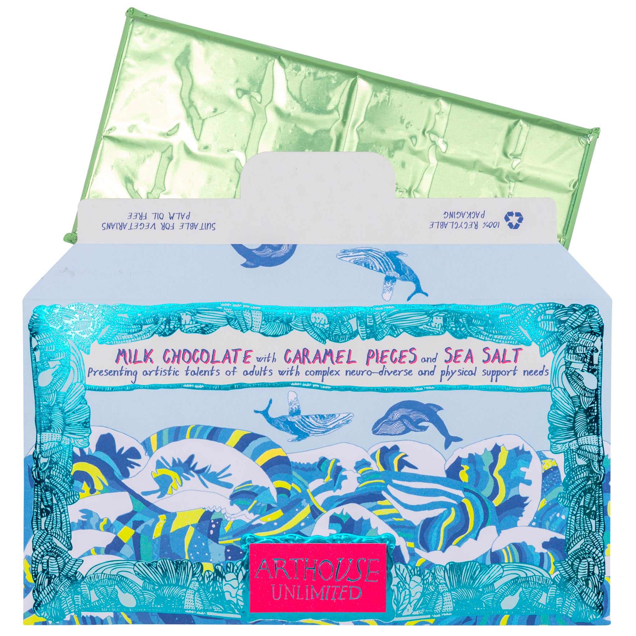 open packet of Swim with Whales, Milk Chocolate Bar with Caramel & Sea Salt with green foil
