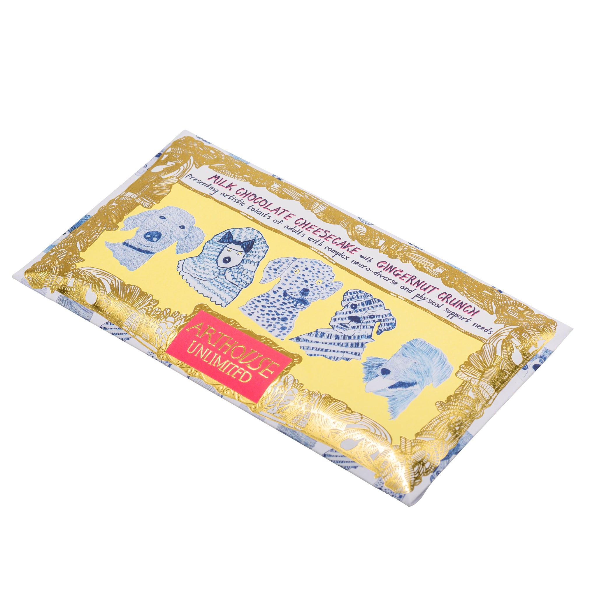 Blue Dogs, Milk Chocolate Bar Cheesecake with Gingernut Crunch, blue and yellow packaging
