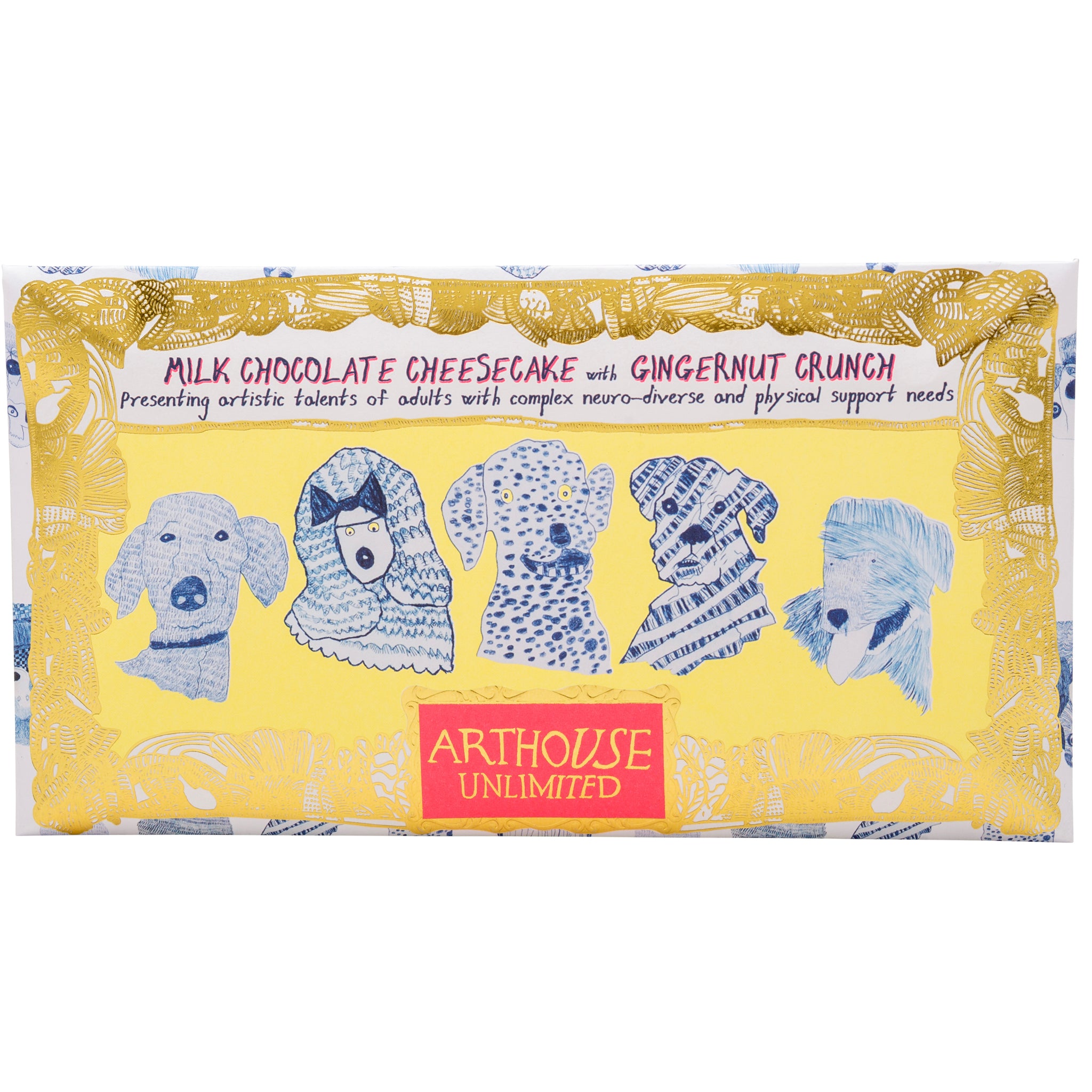 Blue Dogs, Milk Chocolate Bar Cheesecake with Gingernut Crunch, blue and yellow packaging