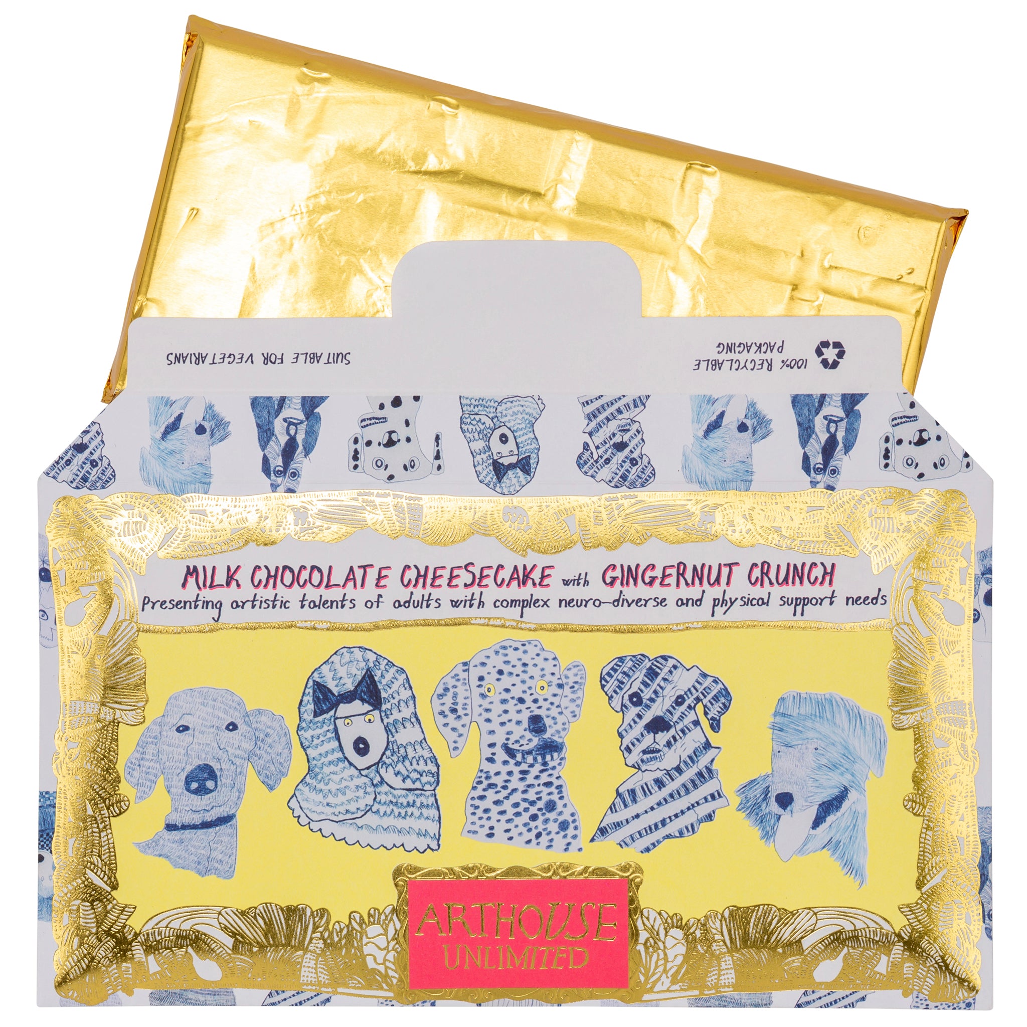open packet of Blue Dogs, Milk Chocolate Bar Cheesecake with Gingernut Crunch, blue and yellow packaging