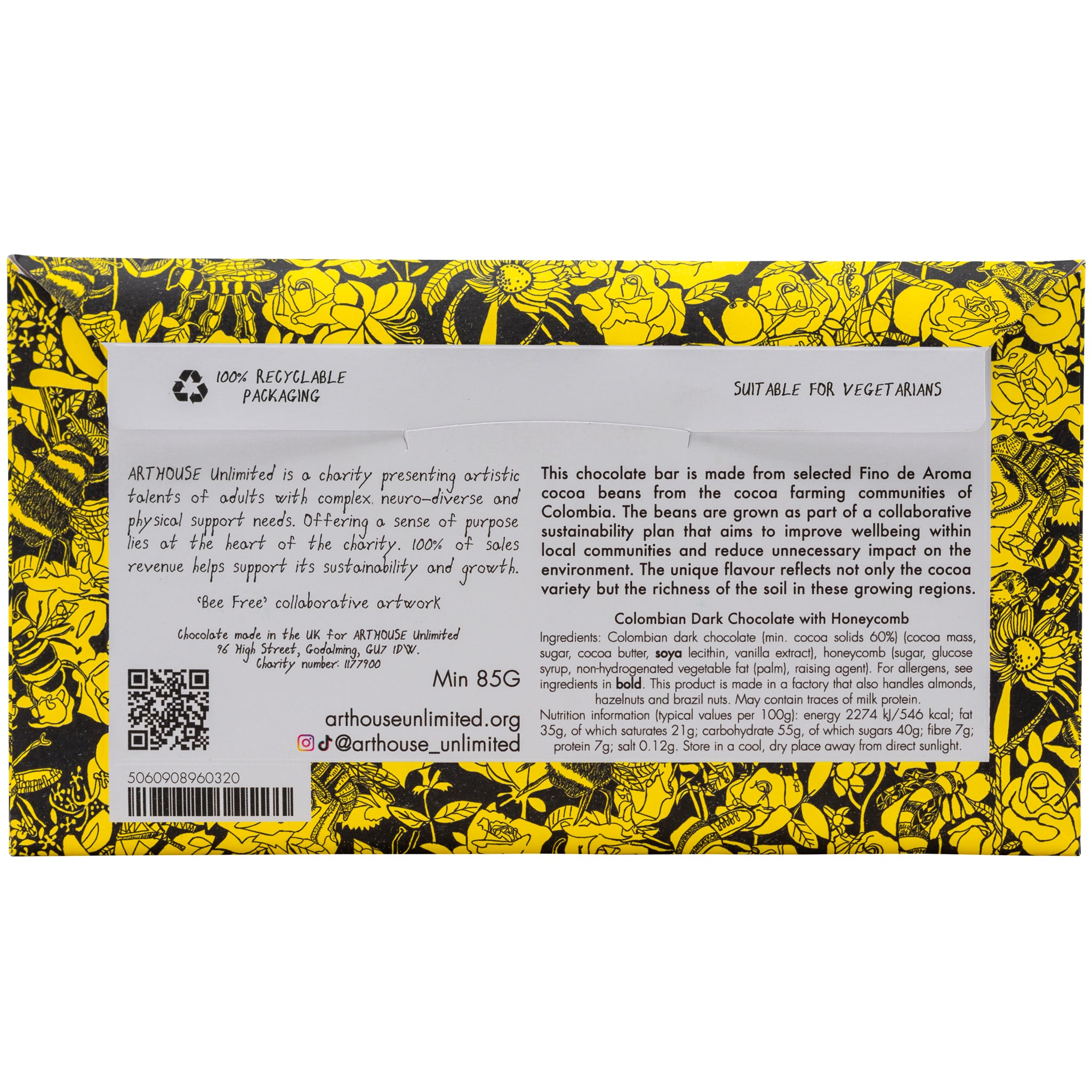 back of packet pink, orange, yellow and gold packet of Bee Free, Dark Chocolate Bar with Honeycomb