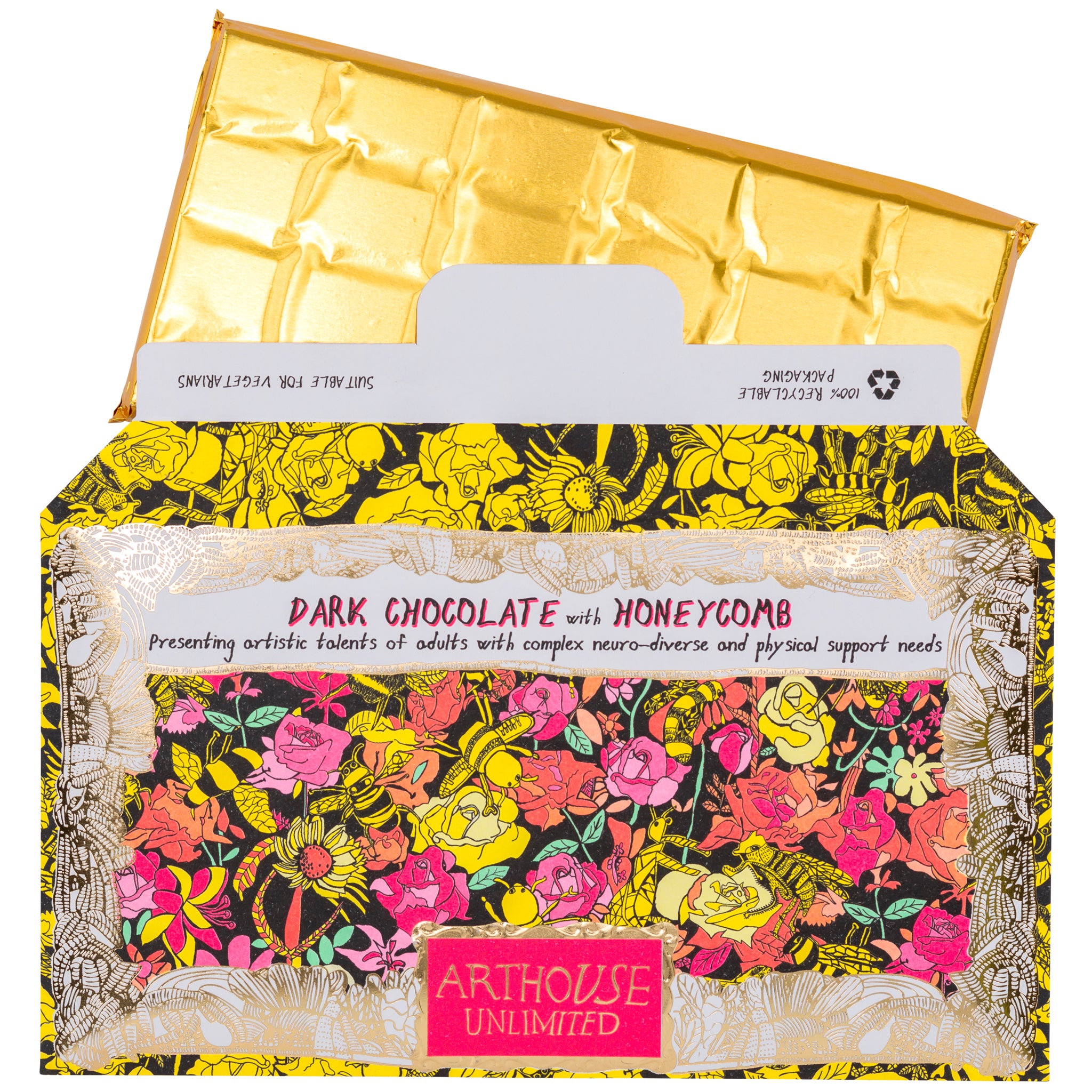 pink, orange, yellow and gold packet of Bee Free, Dark Chocolate Bar with Honeycomb open