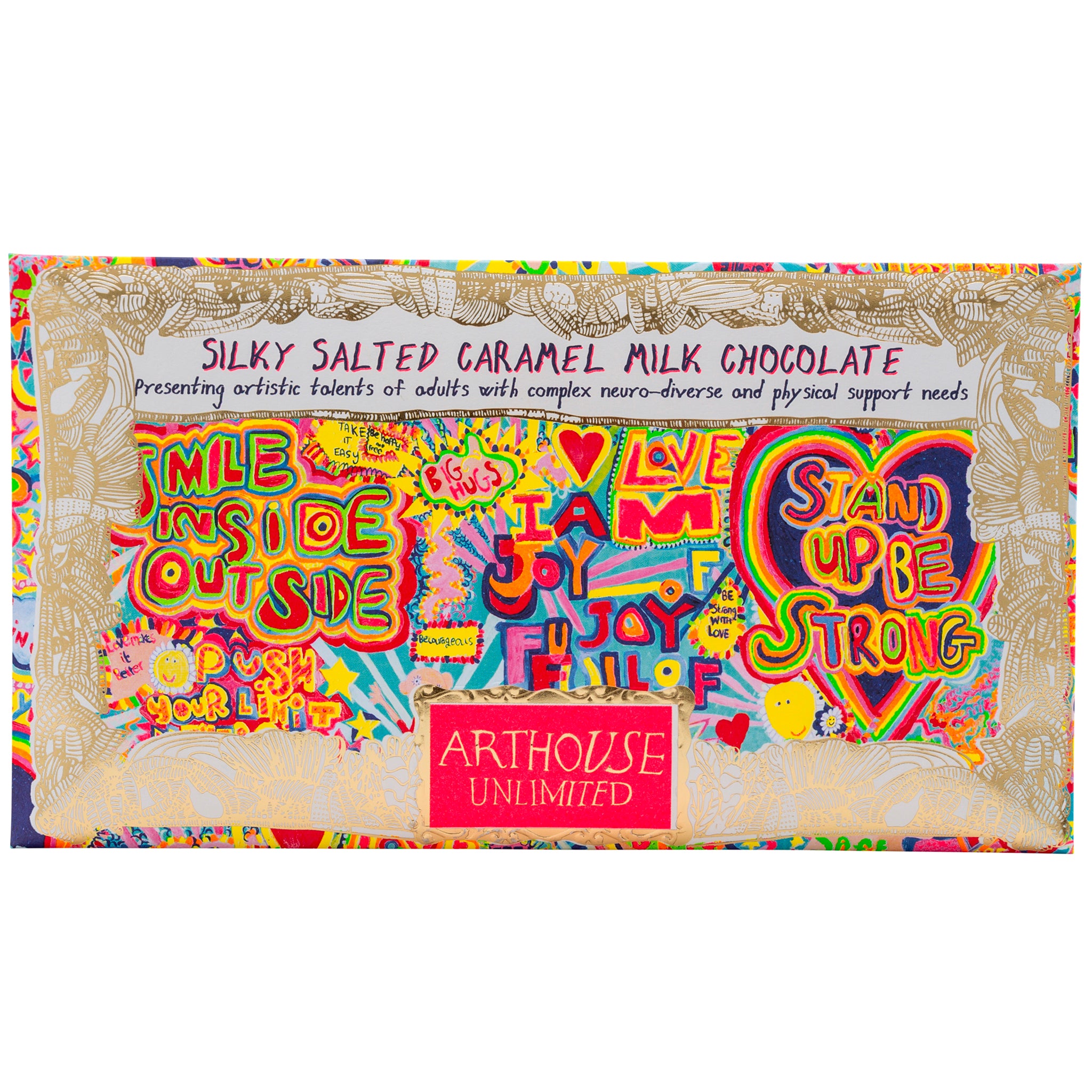 Bright coloured bar of Full of Joy, Silky Salted Caramel Milk Chocolate Bar