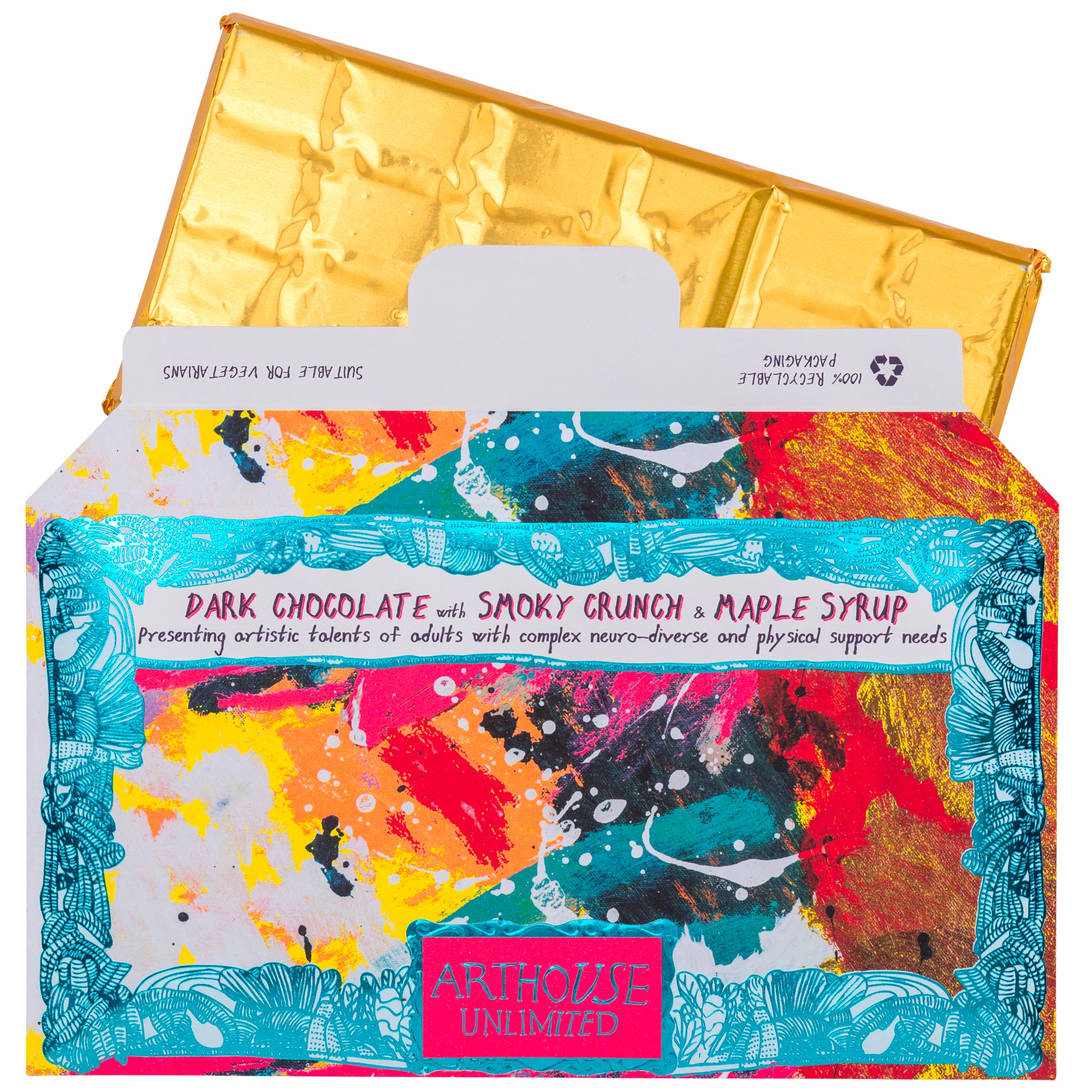 Open packet of Adventurous, Dark Chocolate Bar with Smoky Crunch & Maple Syrup with gold foil