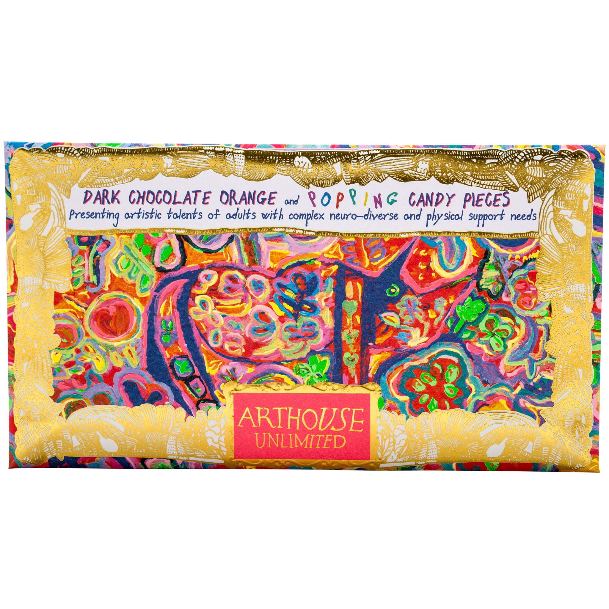 Bright coloured packet of Rhino in Bloom, Dark Chocolate Bar with Orange & Popping Candy pieces