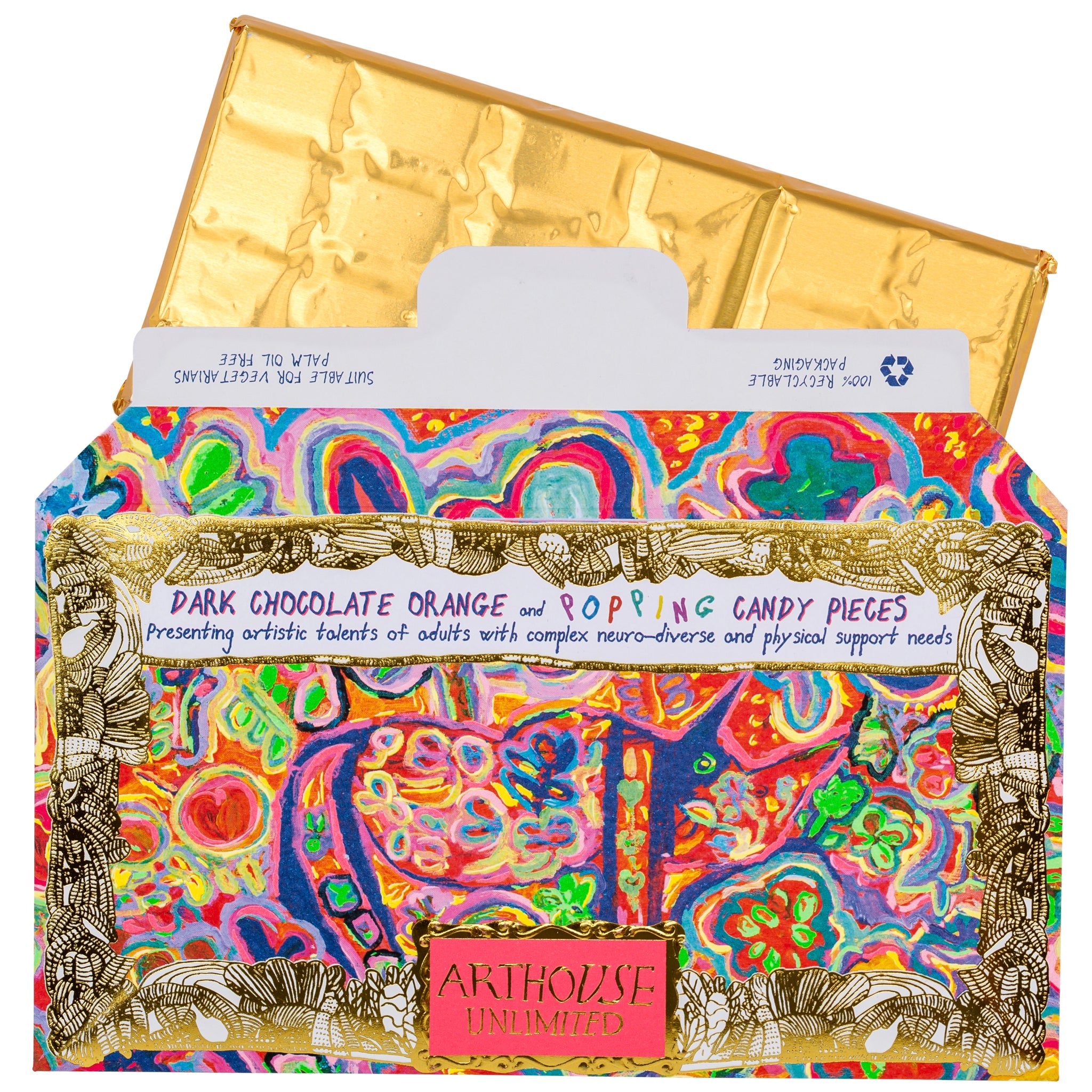 Open packet of Rhino in Bloom, Dark Chocolate Bar with Orange & Popping Candy pieces with gold foil