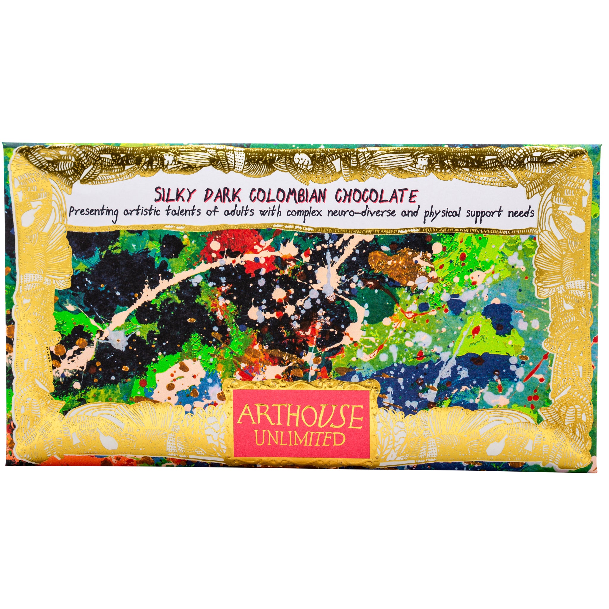 Gold , green and blue packet of Outer Space, Silky Dark Colombian Chocolate Bar