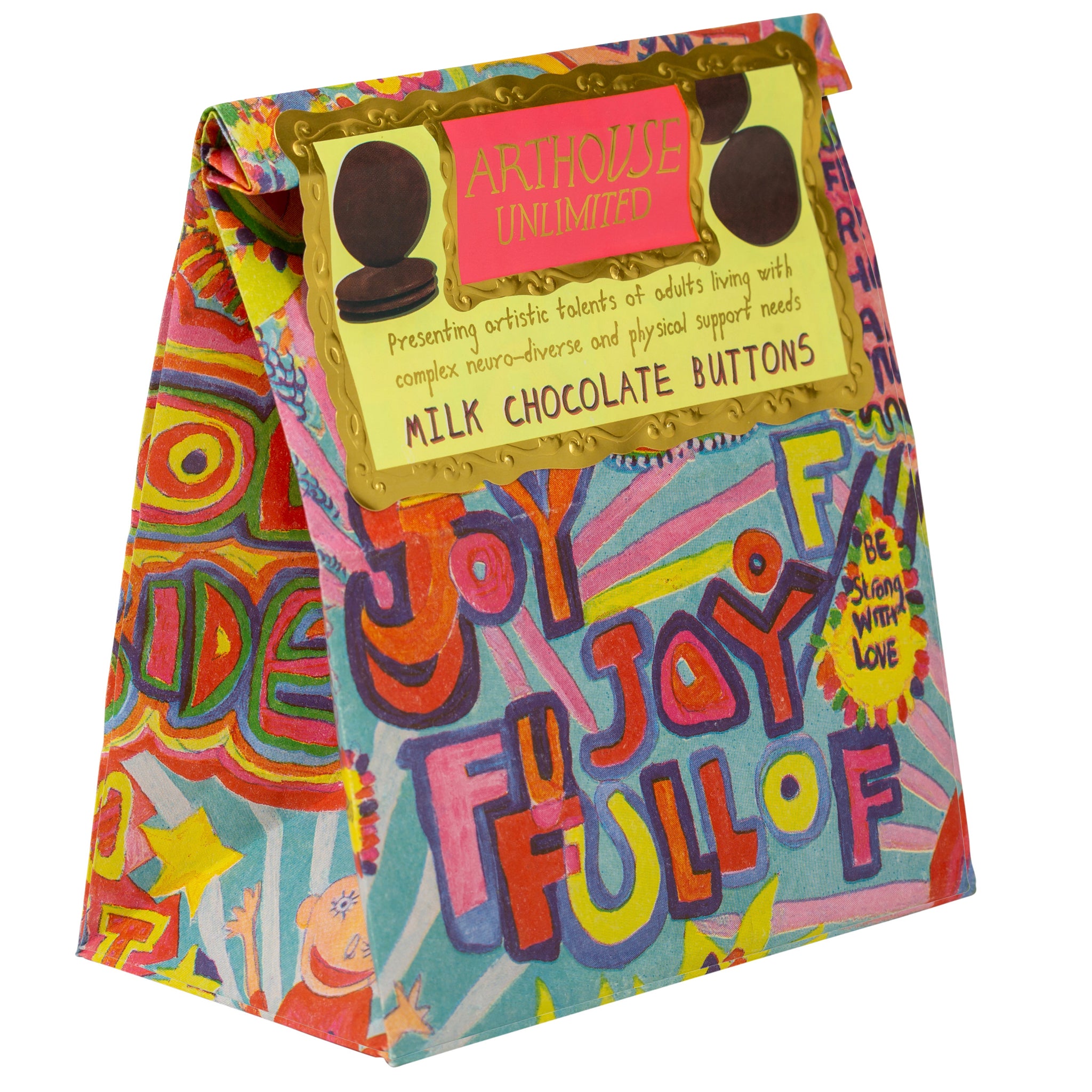 Bright coloured packet of Full of Joy, Milk Chocolate Buttons